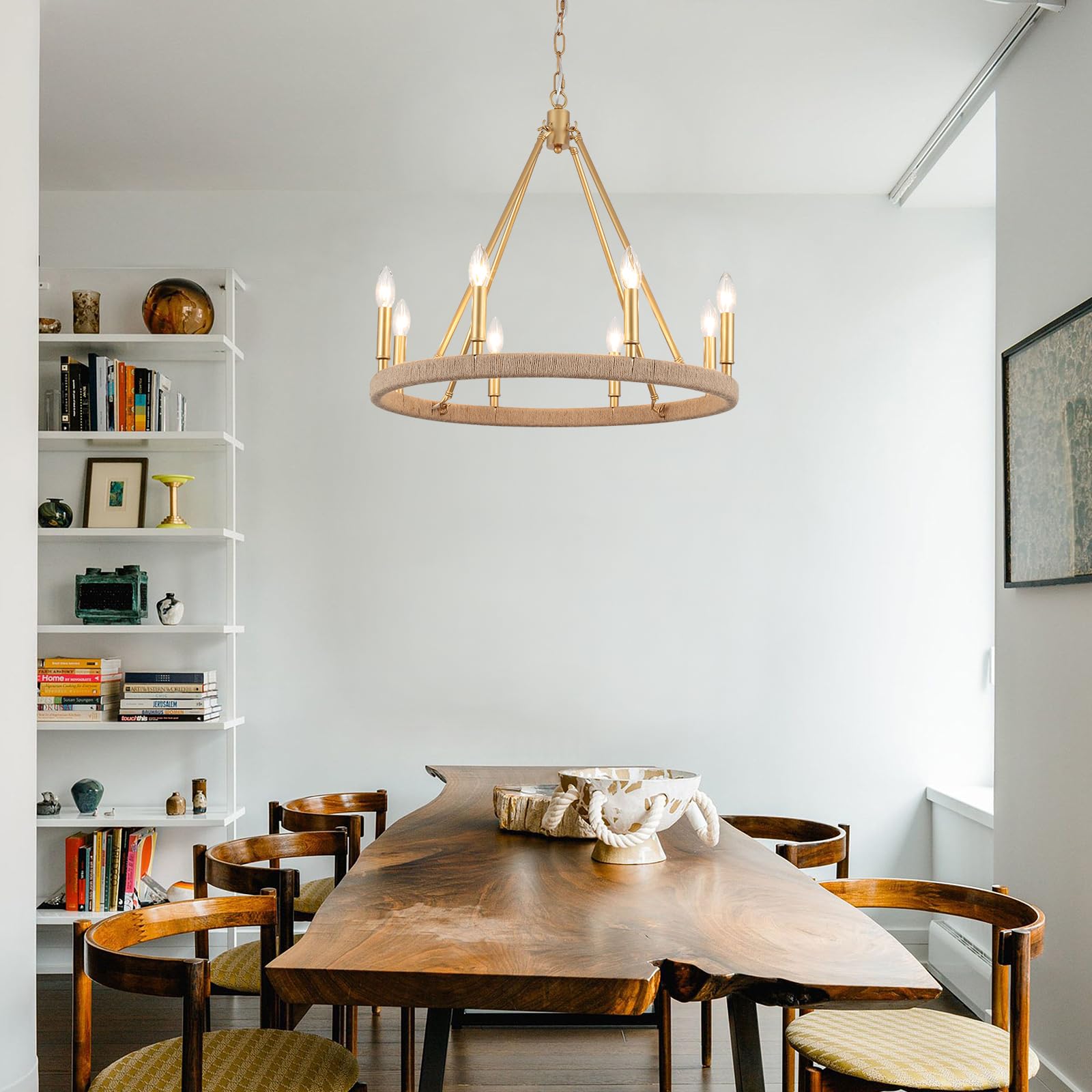 ZJVAIVE 8-Light Gold Farmhouse Chandelier, Modern Metal Wagon Wheel Pendant Lighting for Dining Room, Entryway, Kitchen - Model ZJ-ZJD00044-8-PG