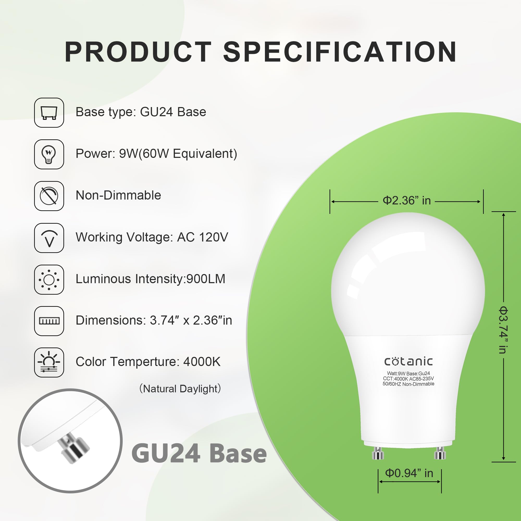 Hansang Gu24 Led Light Bulb 9W Equivalent 100W, Two Prong Light Bulb A19 Shape 4000K Natural White, Gu24 Twist Lock Base 2 Pin L