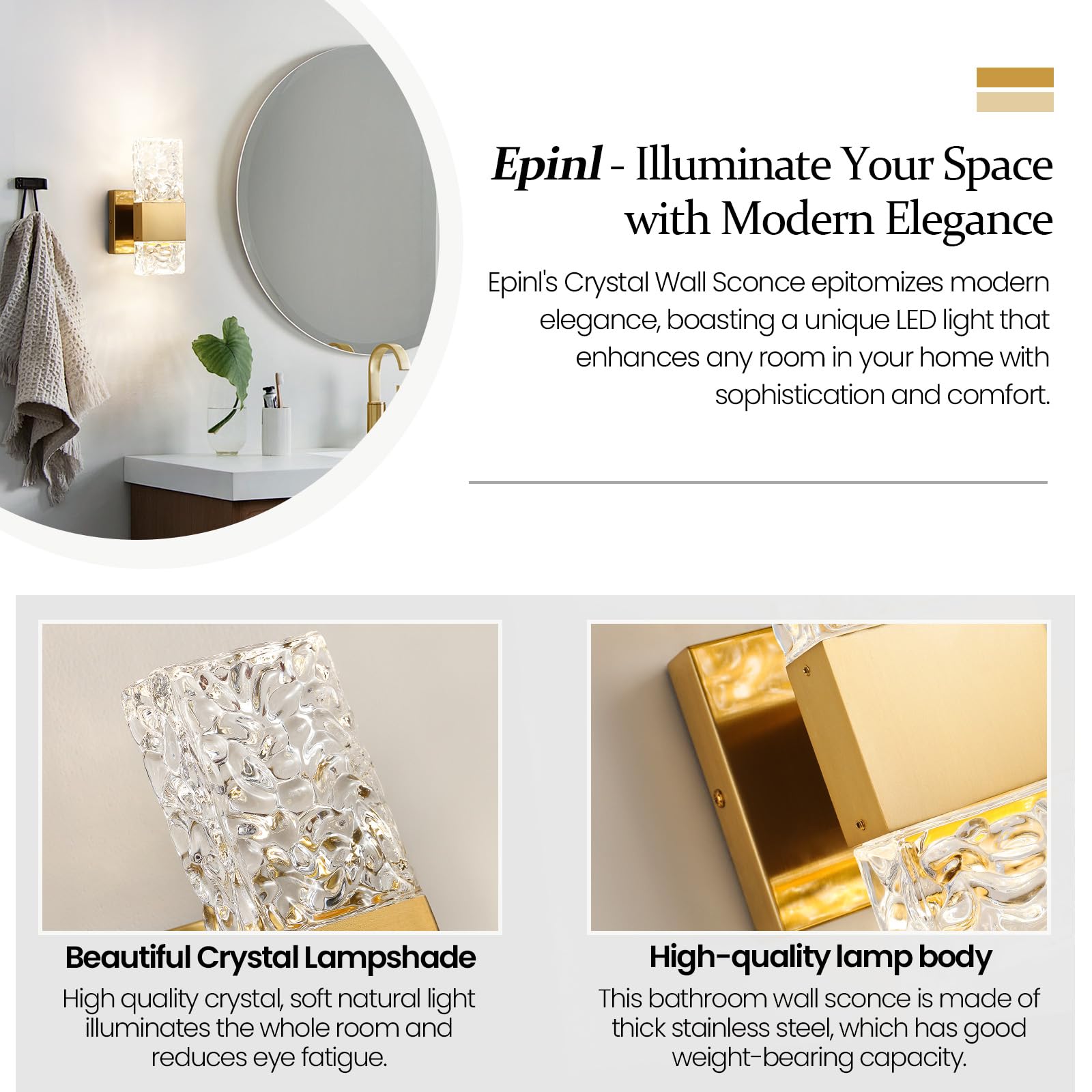 Epinl Gold Wall Sconces - Modern Crystal Lighting Fixtures, 1-Light, Hardwired, Dimmable LED, Set of 2, Model 8013WL-01GD-US-