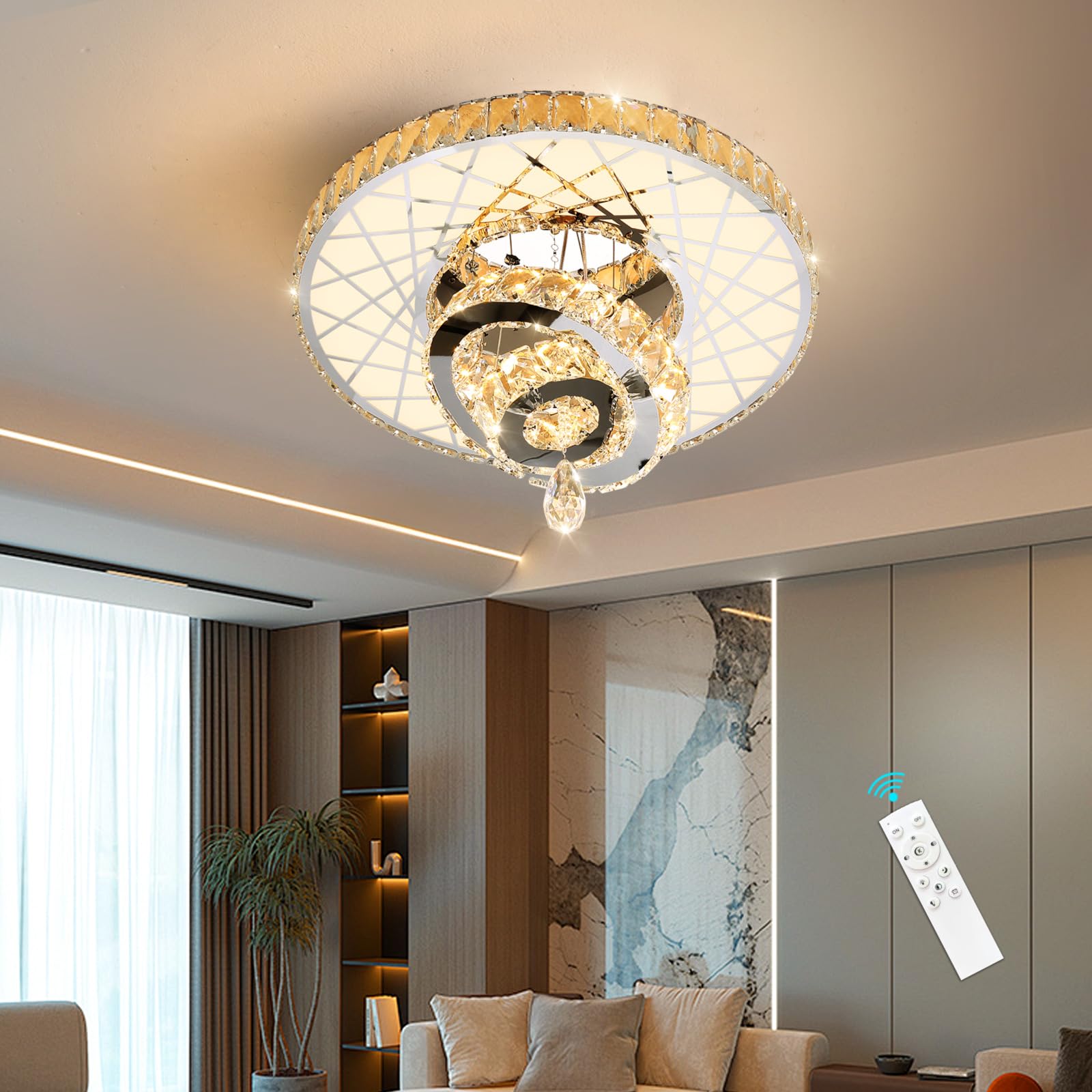 Haixiang 20 Inches Crystal Ceiling Light Modern Glam Chandelier Elegant Remote Dimmable Lighting Fixture Silver Lamp