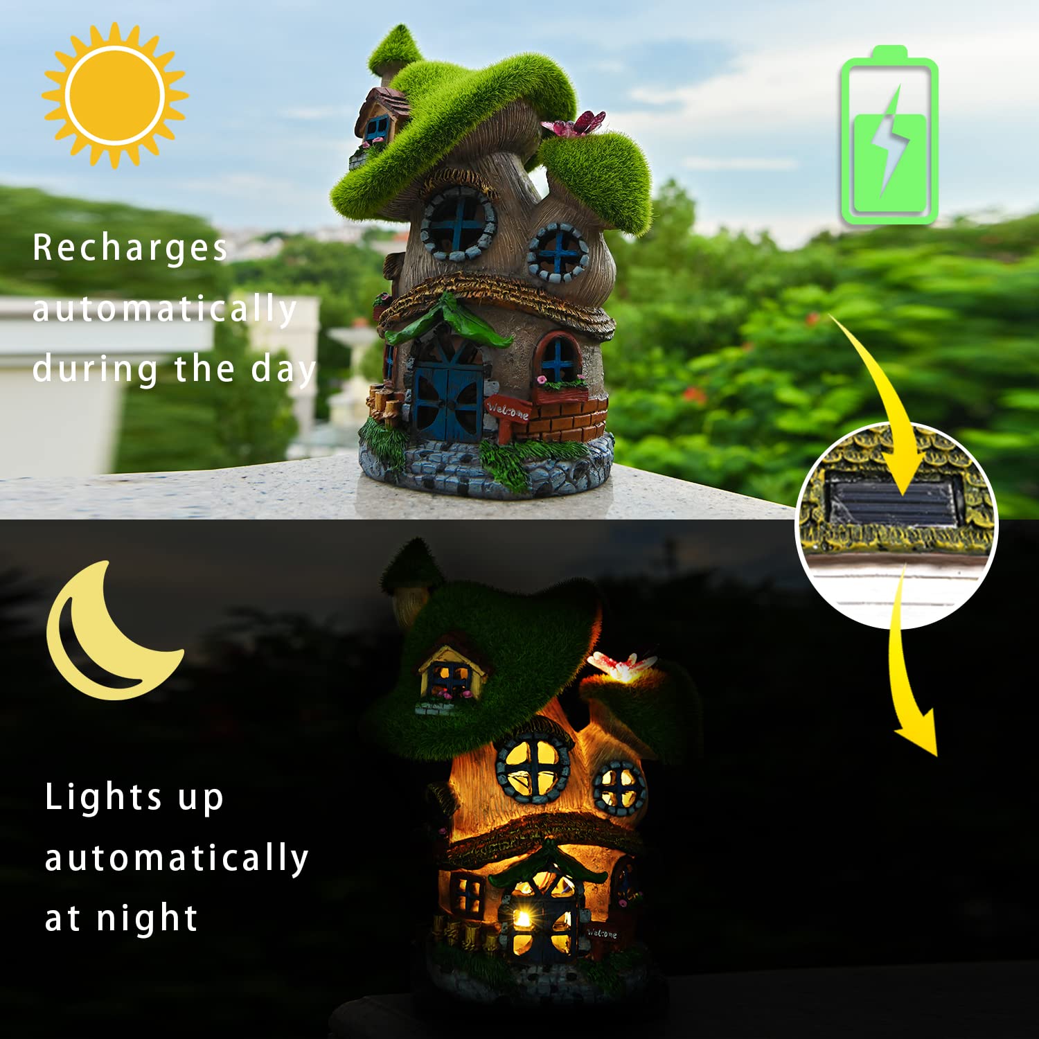 ASAWASA Flocked Mushroom Fairy Garden House with Solar Light, Resin Decor, Color: Mushroom House 2