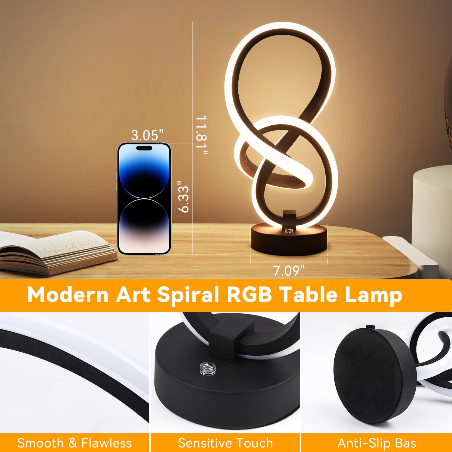 Vocevos 2 Pack Led Spiral Table Lamp Set, 3 Way Dimmable Rgb Nightstand Light For Bedroom