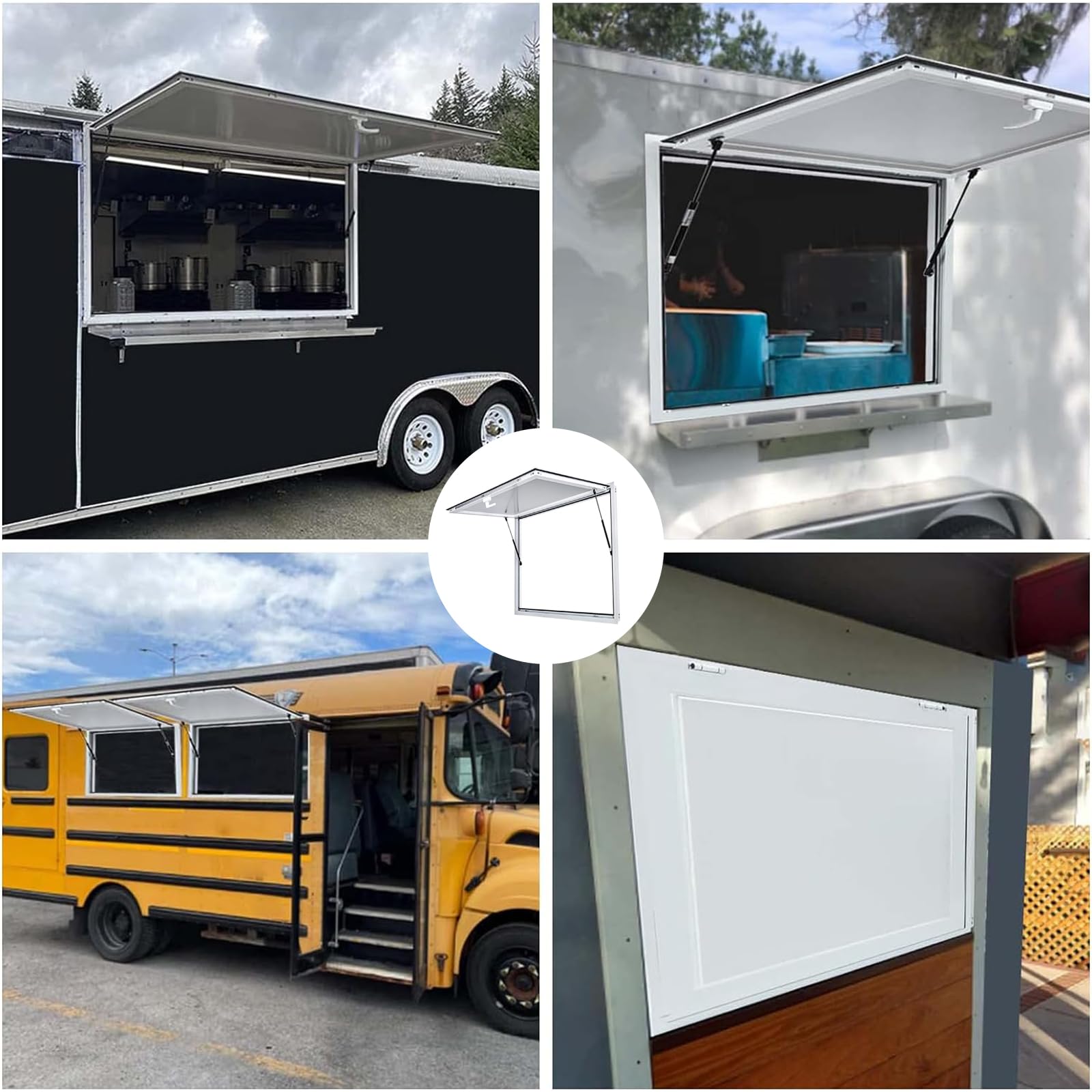 VEVOR Concession Window for Food Truck, 48 x 36 Inch, Silver, Double-Point Fork Lock, Awning Door Up to 85 Degrees, Glass Not Included