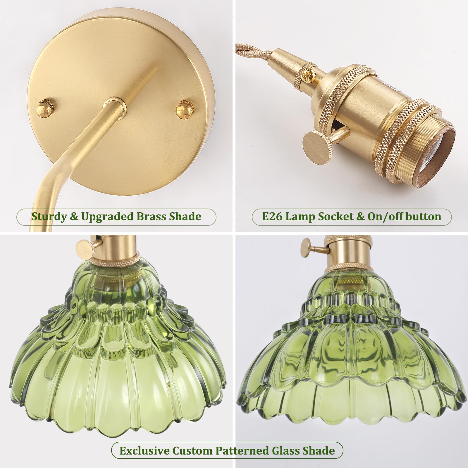 Shenmoyl Vintage Wall Sconce - Brass, Green Lily of the Valley Glass Shade, Hardwired, Model 1-9492