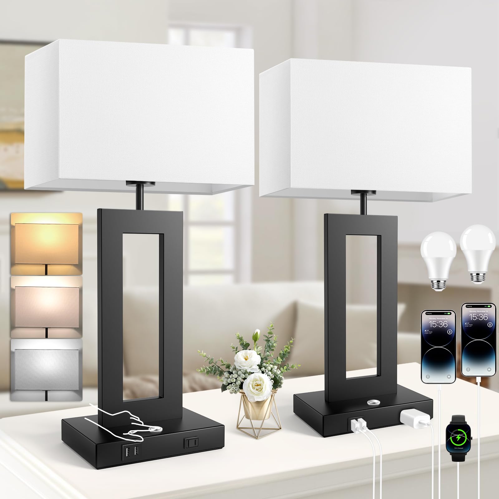3 Color Temperatures Table Lamps for Bedrooms Set of 2, 22 Touch Control Bedside Nightstand Lamps with 2 USB Ports & AC Outlet, 