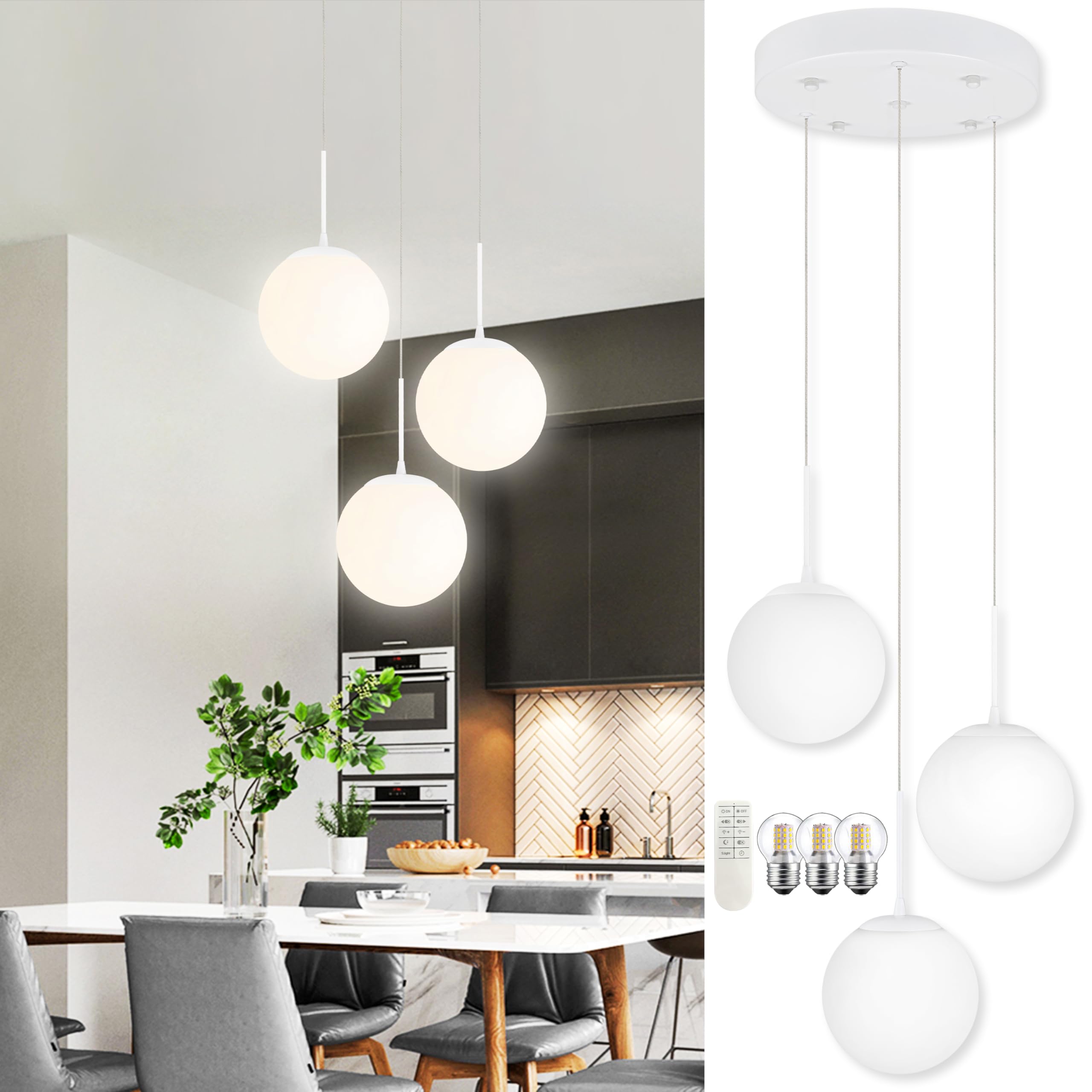 KoKo&Yukina Globe Pendant Light 3 Light White Globe Pendant Lights Kitchen Island Mid Century Light Fixture with Milky White Gla