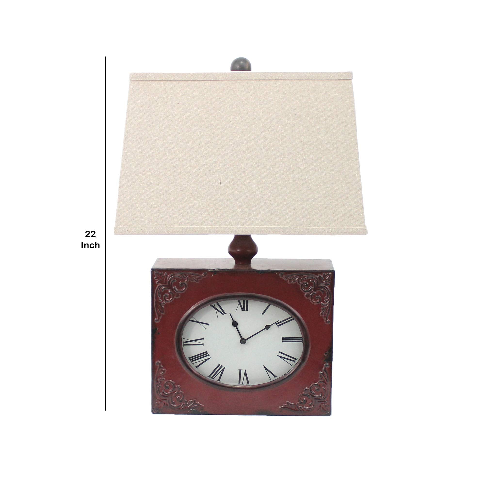 Benjara Bm217249 Clock Design Metal Table Lamp With Tapered Shade Red & Beige - 22 X 7 X 4.75 In.
