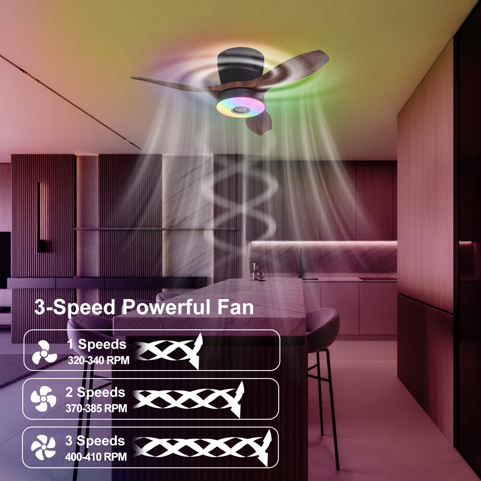 WVMNQO 21" RGB Ceiling Fan with Bluetooth Speaker, Dimmable Light, Walnut, Model LEC016R, Night Mode, Remote Control