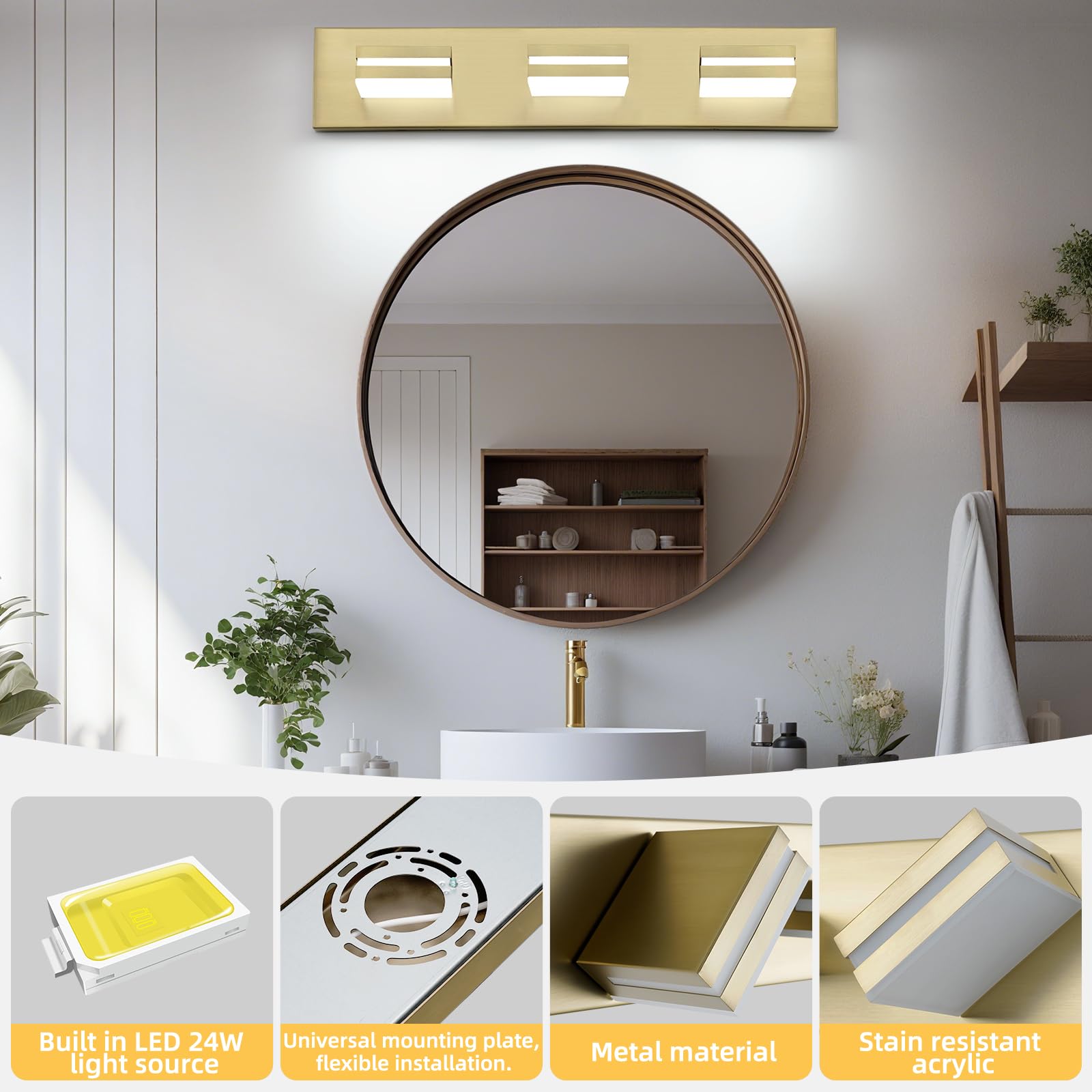 OKELI 5-Light Bathroom Vanity Light Gold LED Dimmable 32W 6000K Adjustable ETL Listed Model OK-9553-3T-GL