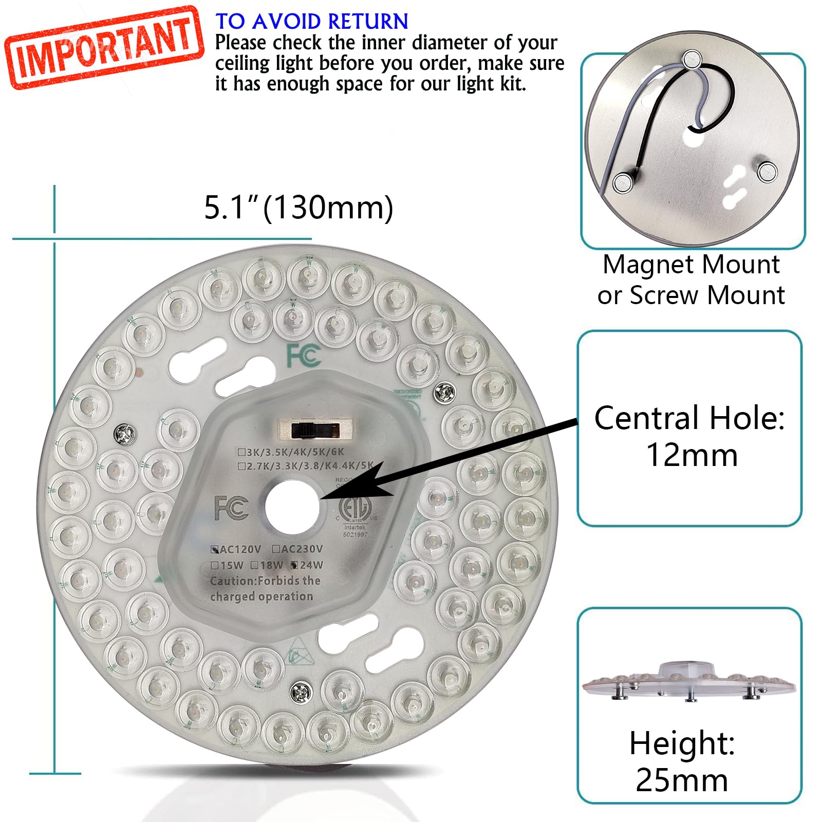 Zhairdalstar Ceiling Fan Light Kit, 18W/24W/36W LED Retrofit, ETL Listed, Clear Aluminium, Model FSBM