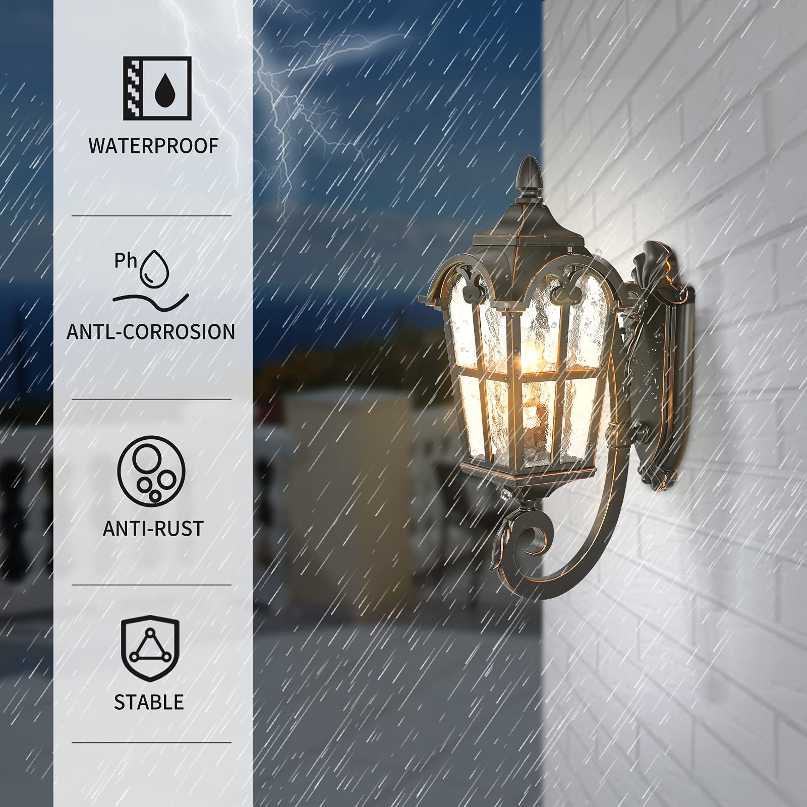 PARTPHONER Black Roman Outdoor Wall Light Fixture, 17.7"H Waterproof Sconce with Water Glass, Dusk to Dawn, Sensor - Model PA1143-S