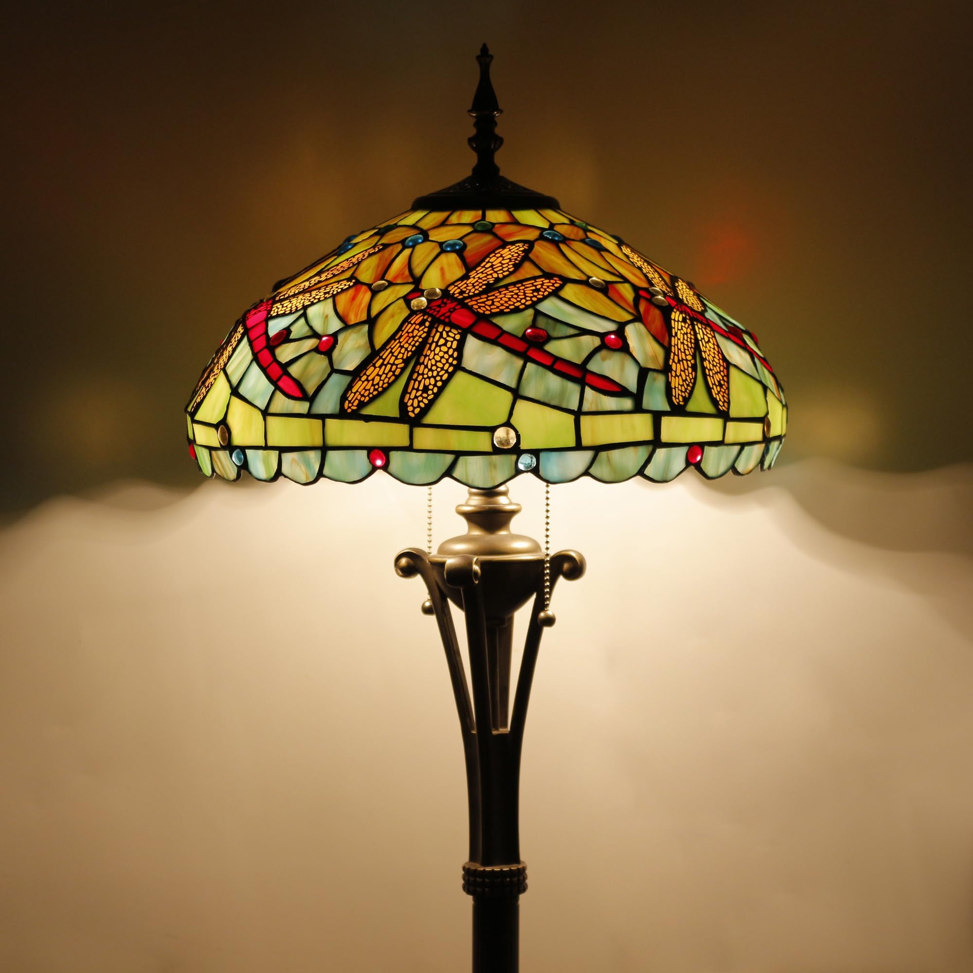 L-Juicwe Tiffany Floor Lamp Green Red Stained Glass Dragonfly Standing Reading Light 16X16X70 Inches Antique Pole Corner Lamp De