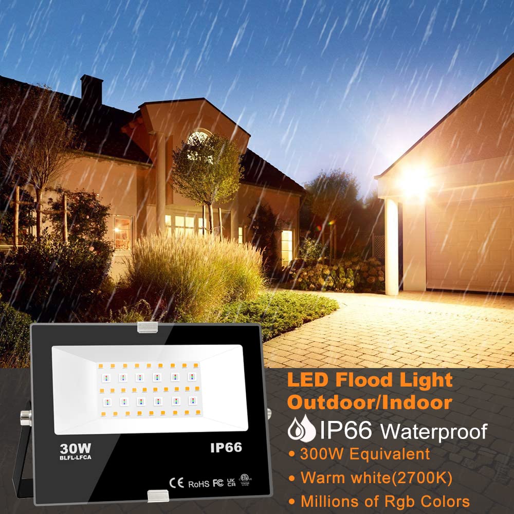 MELPO 30W RGB LED Flood Light - 300W Equivalent, Color Changing, Warm White, Pack of 2, Aluminum, IP66