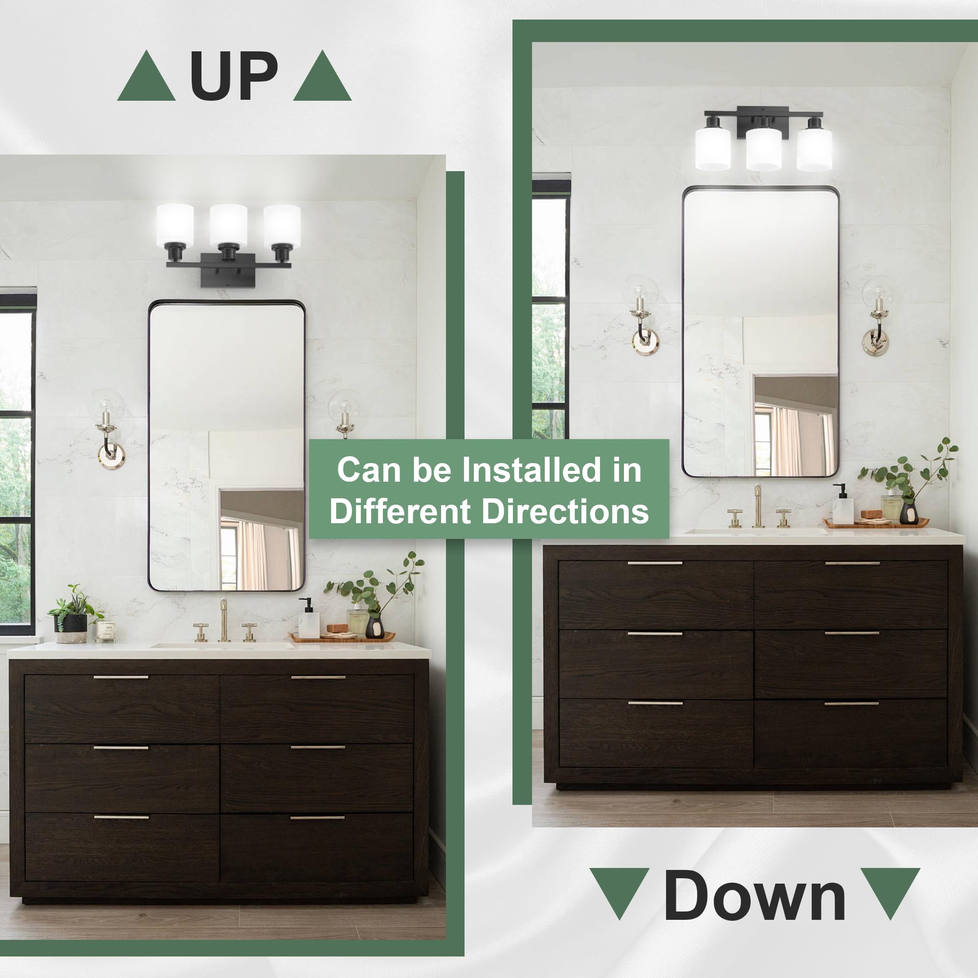Dekang Black 3-Light Bathroom Vanity Light Fixture, Anti-Rust Wall Sconce With Milky White Shades