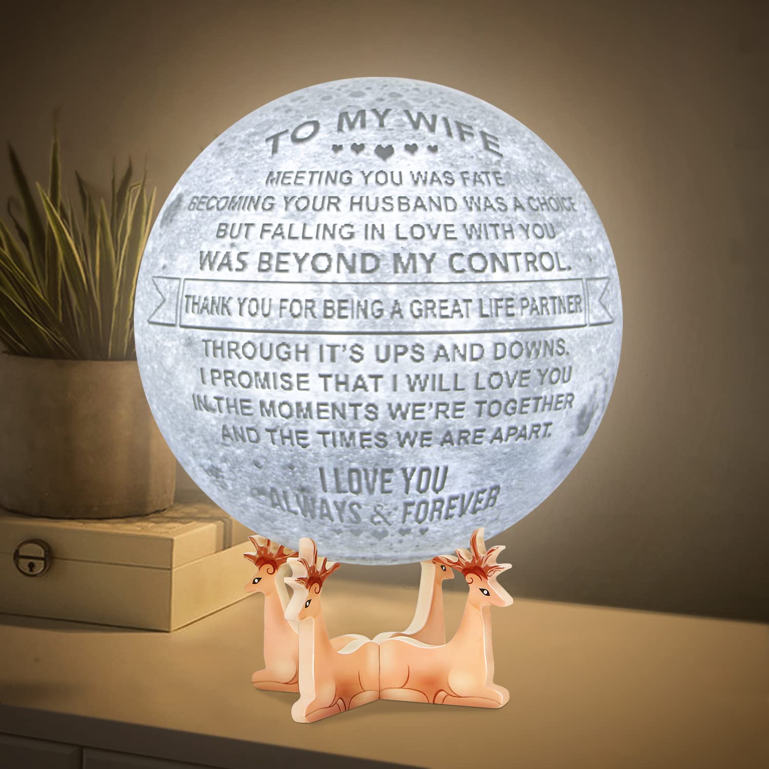 K KENON Engraved 3D Moon Lamp for Wife,Personalized 5.9 Inch 3D Printing Moon Light Gift for Wife Valentine's Christmas Gift (for Wife-02)
