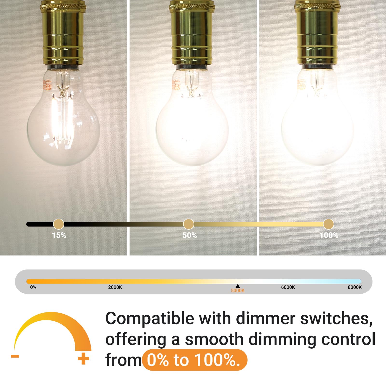 A19 E26 Base Dimmable Edison Led Bulb, 6W(60 Watt Equivalent) Stepless Dimming Light Bulbs 600Lm, 5000K Daylight White, Vintage