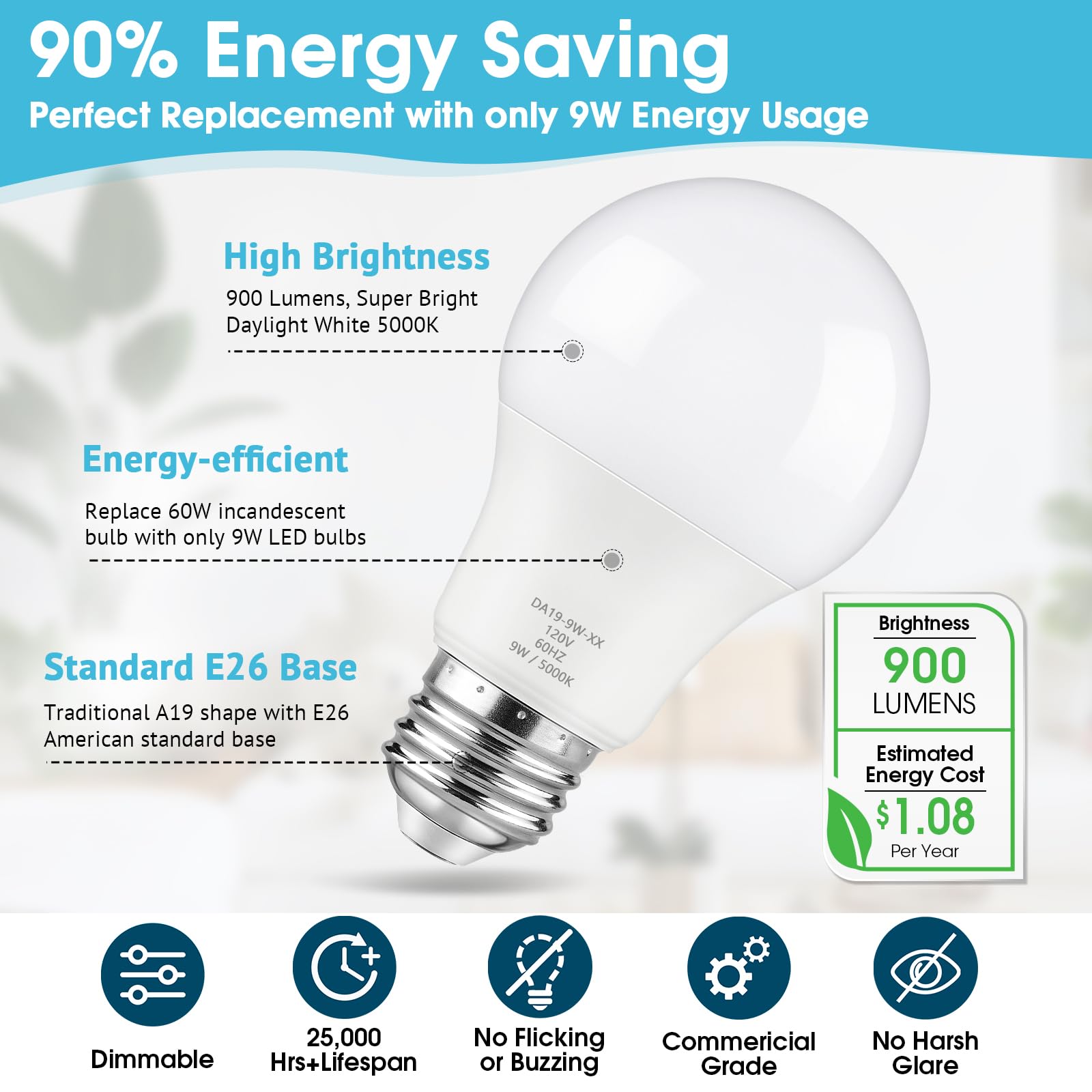Maylaywood A19 Led Light Bulb Dimmable, 60 Watt Equivalent Led Bulbs, Daylight White 5000K, 900 Lumen, E26 Base, 9W Bright White