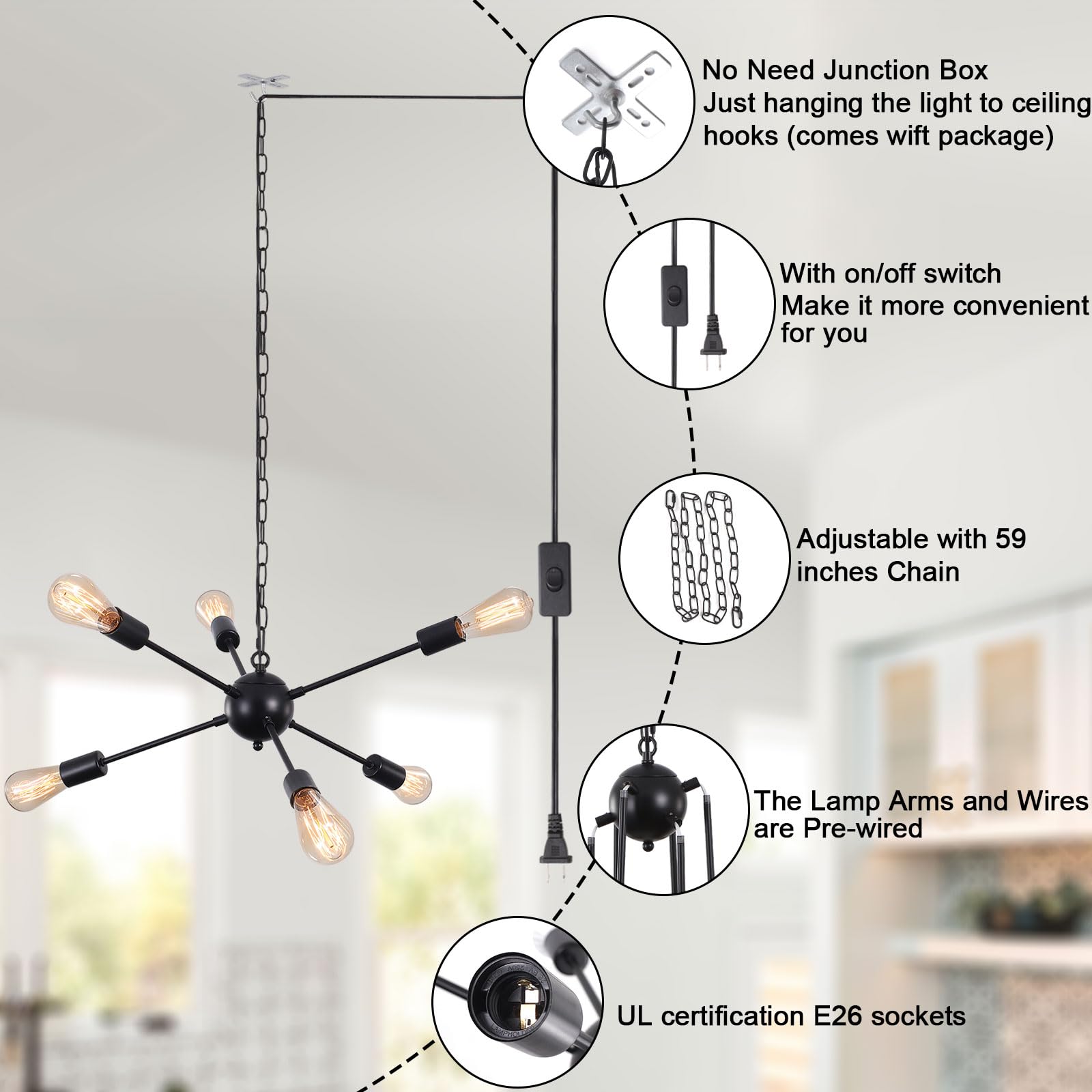 Etonimerr Plug In Chandelier 6 Light, Modern Hanging Lights With Plug In Cord 16.4Ft & On/Off Switch Plug In Sputnik Ceiling Light, Black Plug In Pendant Light For Kitchen Dining Living Room Bedroom