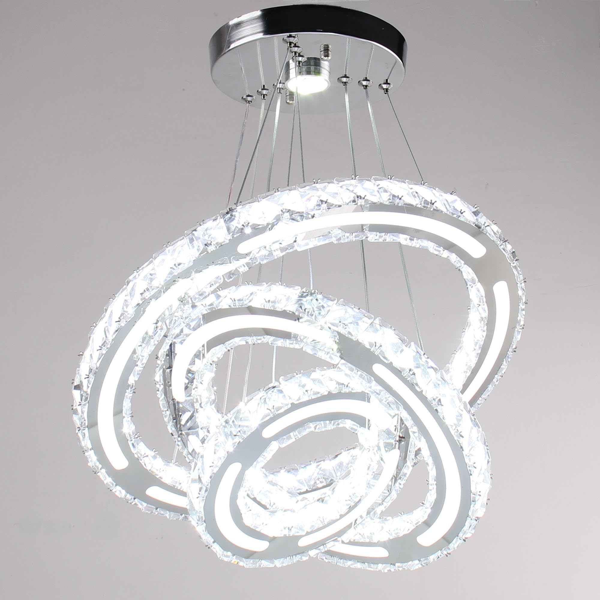 CXGLEAMING Modern LED Chandelier 3 Rings Adjustable Crystal Pendant Light 180mm Base White Light 153 Crystals