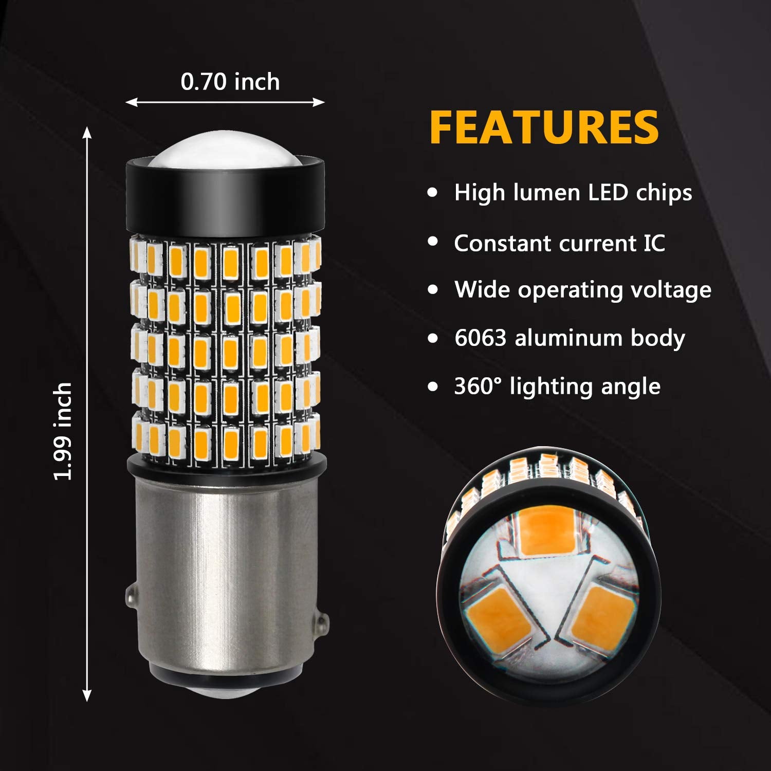 PHINLION LED Turn Signal Light Bulbs, 2800 Lumen, 1157/7528/BAY15D, Amber Yellow, Pack of 2