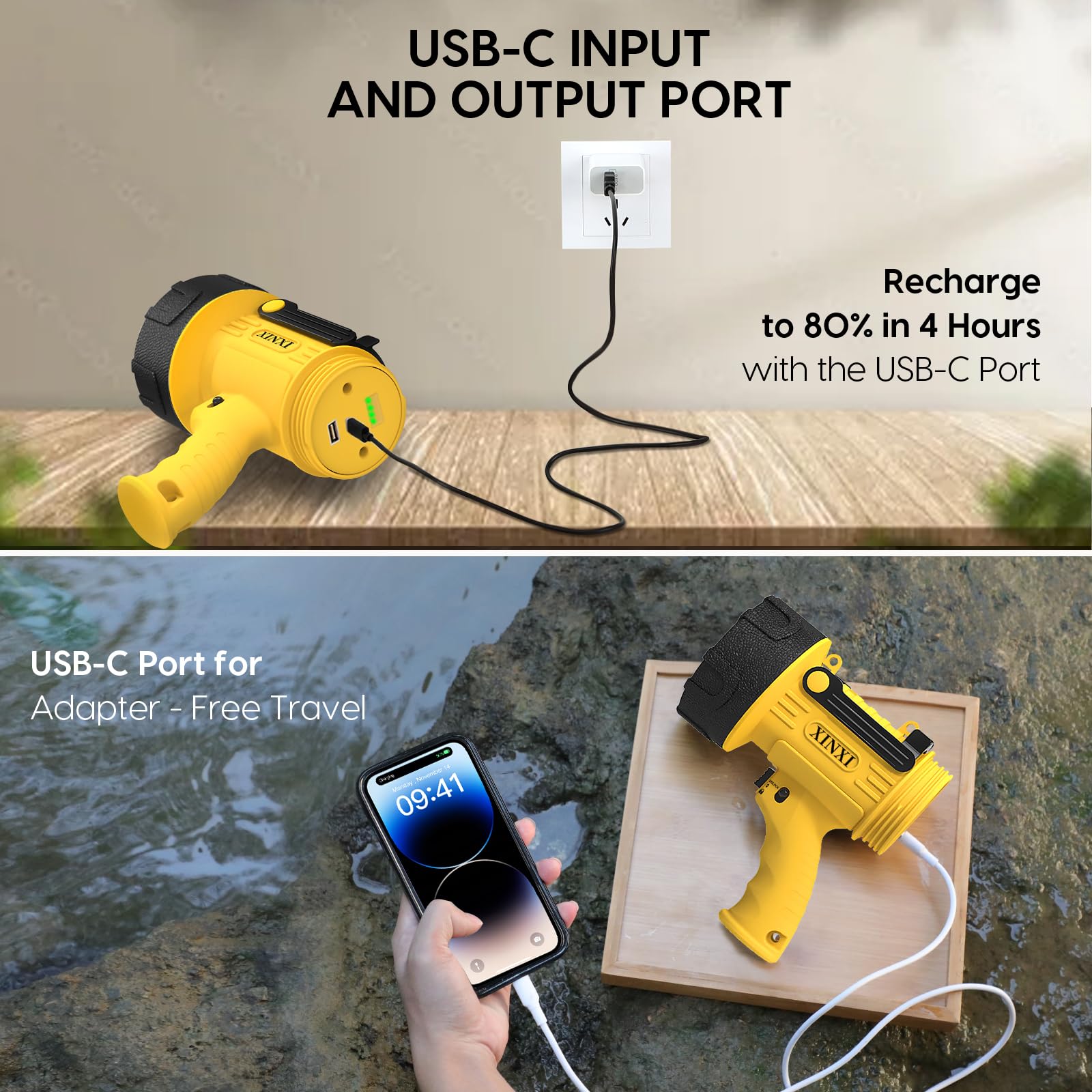 XINXI Rechargeable Spotlight, 1200 Lumens, 4 Light Modes, USB Charger, IP67 Waterproof, Yellow, Model X2303I