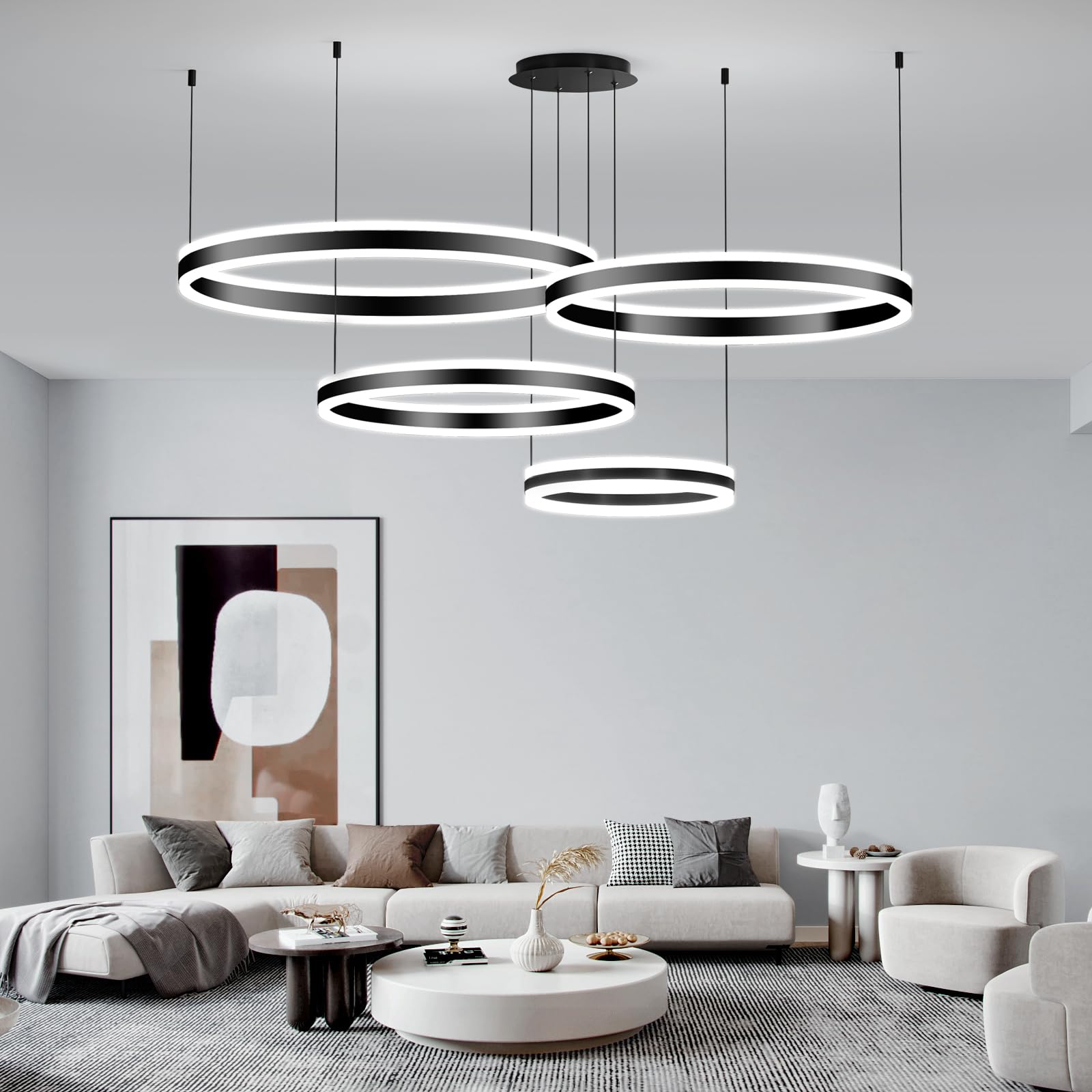 Matven Modern Ceiling Chandelier Light, Dimmable 3 Color Modes, Remote Control, Black, 15.74-39.37in, Model KD-YX