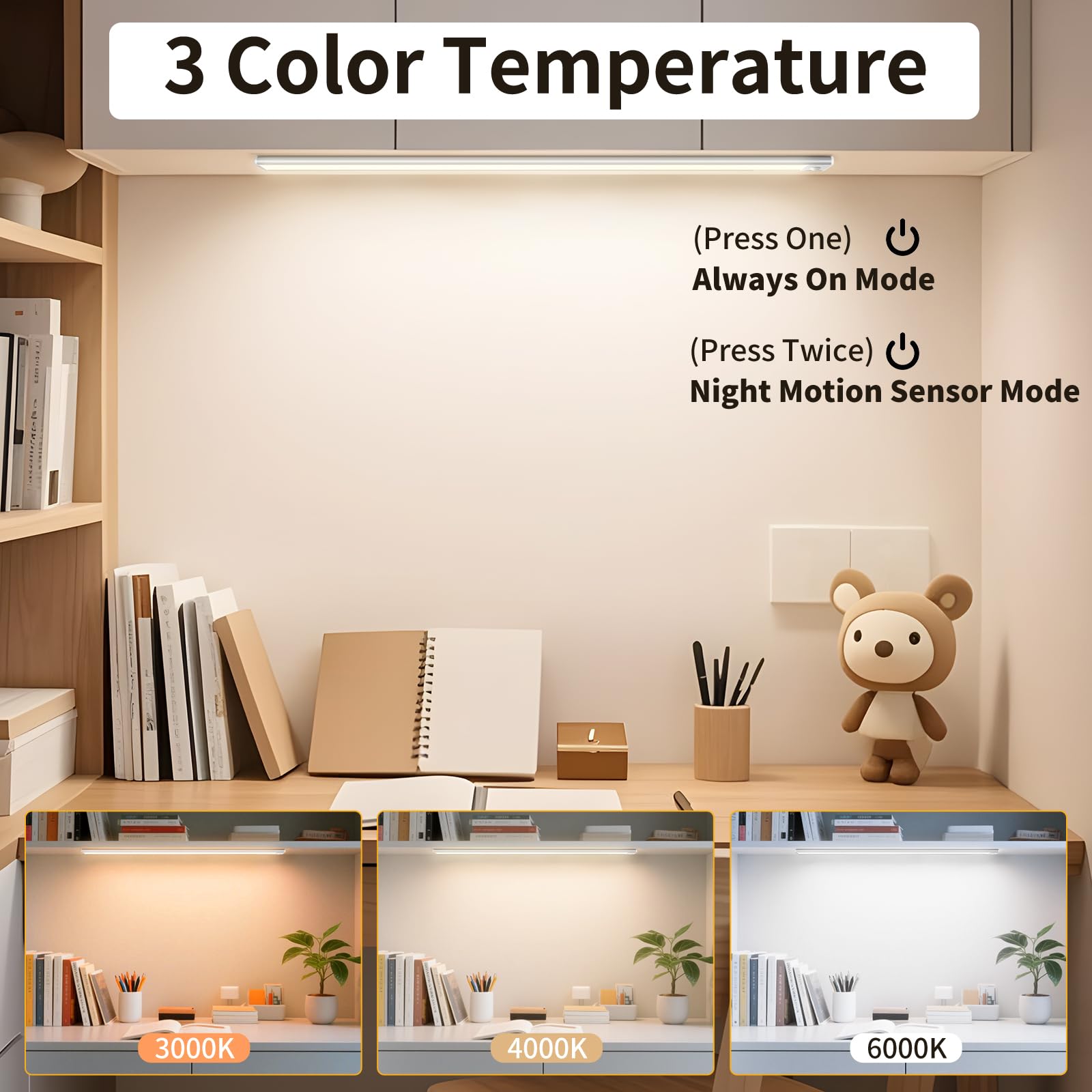 Under Cabinet Lighting 16 Inches, 108 LED Motion Sensor Light Indoor, Dimmable 3 Color Rechargeable Closet Light, Battery Operat