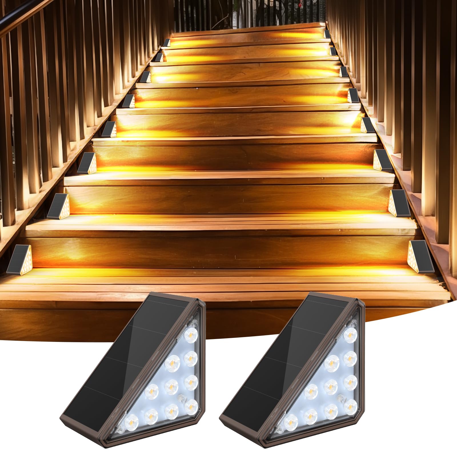 AUDLES 2 Pack Solar Stair Lights Outdoor Stair Lights with Waterproof IP67 LED Solar Light for Outside Light Decor for Stair, De