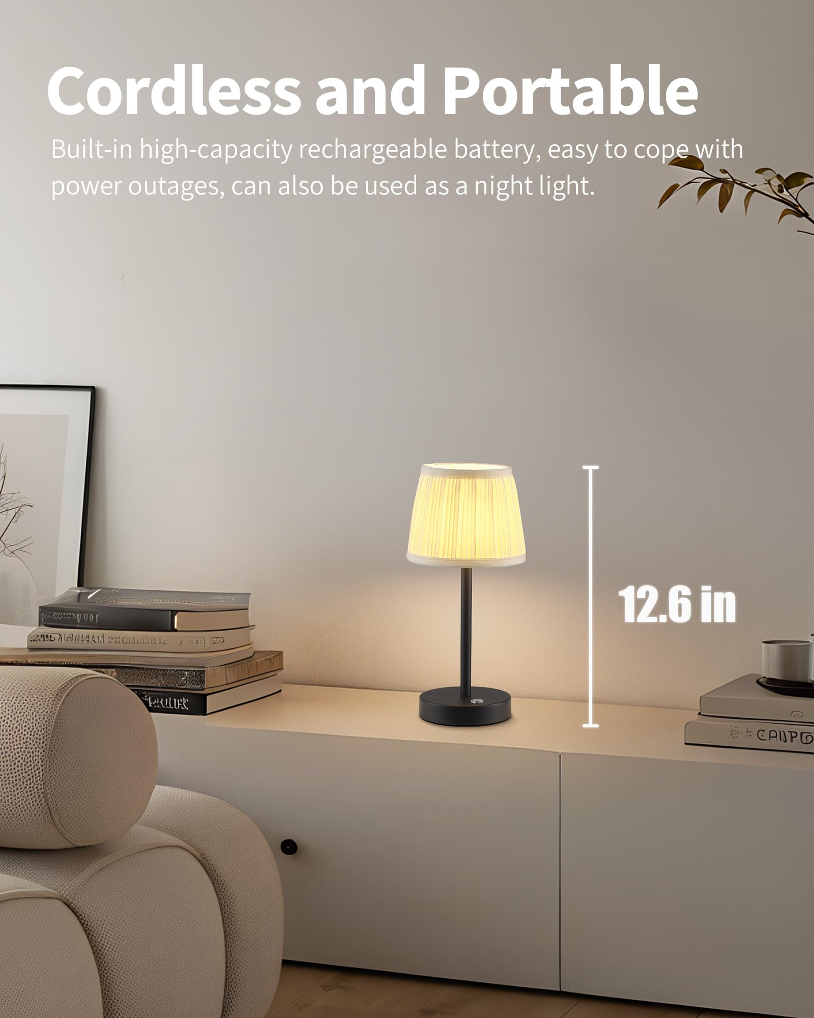 Pusu Cordless Led Black Table Lamp  Rechargeable 4000Mah 3 Way Dimmable Bedside Small Lamp With Fabric Shade  Lighting For Bedroom  Kids Room  Bathroom  Kitchen  Home Decor  Gift  Night Light