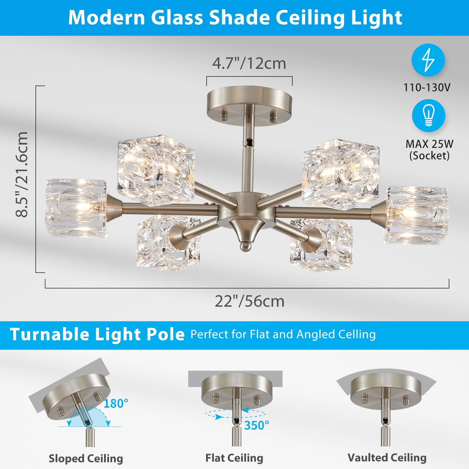 Xingqi Brushed Nickel Chandelier 6-Light 22'' Semi Flush Mount Ceiling Light Fixture Modern Round Sputnik Chandelier For Bedroom