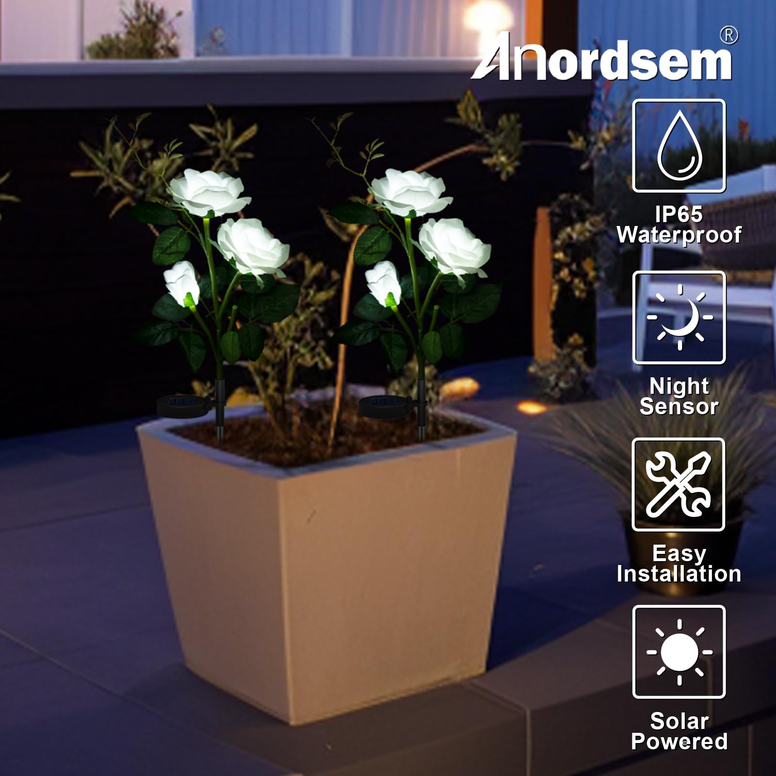 Anordsem Solar Garden Lights, 2 Pack LED White Rose Flowers, Waterproof Outdoor Decor