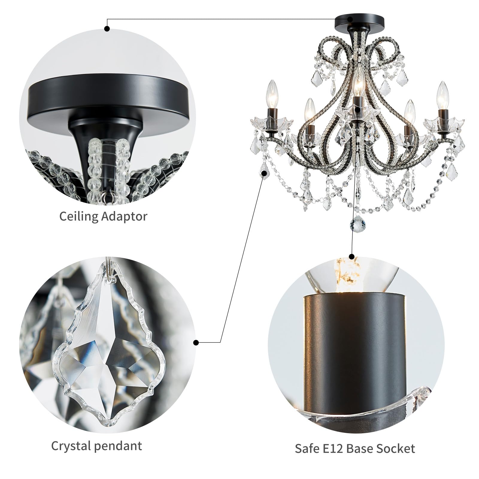WUZUPS 5-Light Crystal Candle Chandelier Flushmount Ceiling Light, 20.9inH x 22inW, Black, Metal, Model USHD-5511506BK