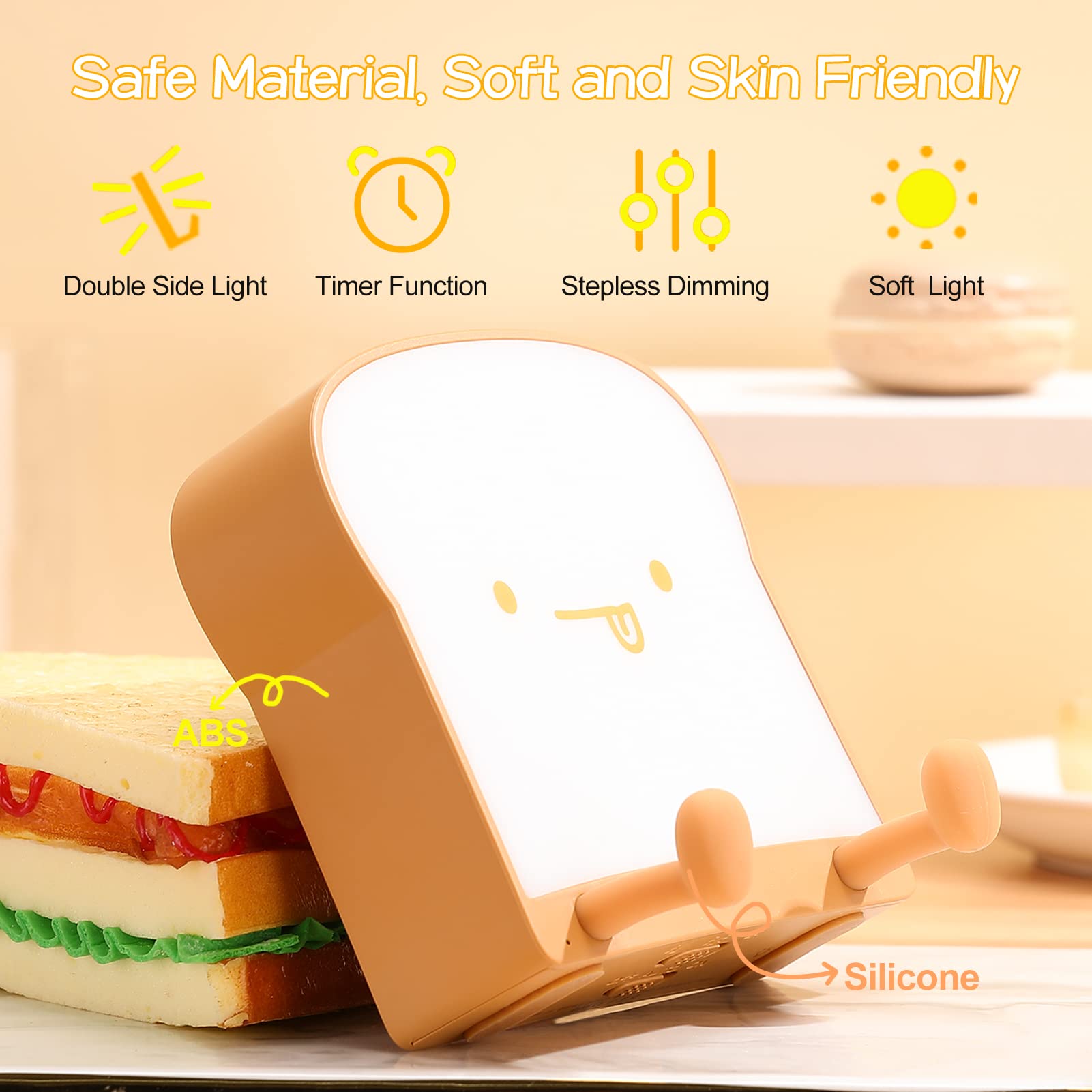 LOVERUIS Cute Cat Night Light for Kids, Dimmable Nursery Lamp, Colorful, Timer, Model ARS-QIE, Yellow