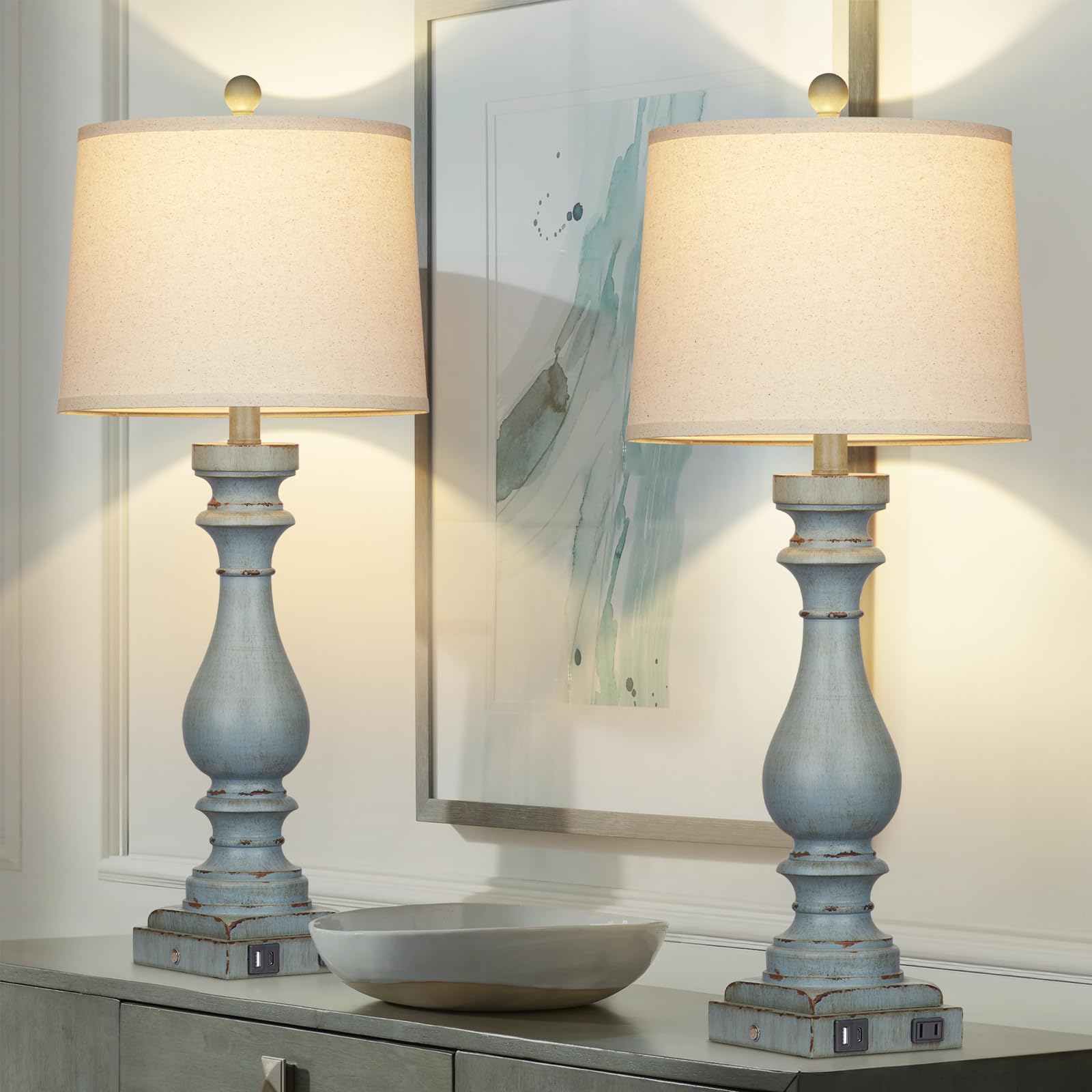 Cinkeda 29" Tall Table Lamp Set of 2, Retro Blue, 3-Way Dimmable Touch, USB C+A Ports, AC Outlet, Model TD-CK-240