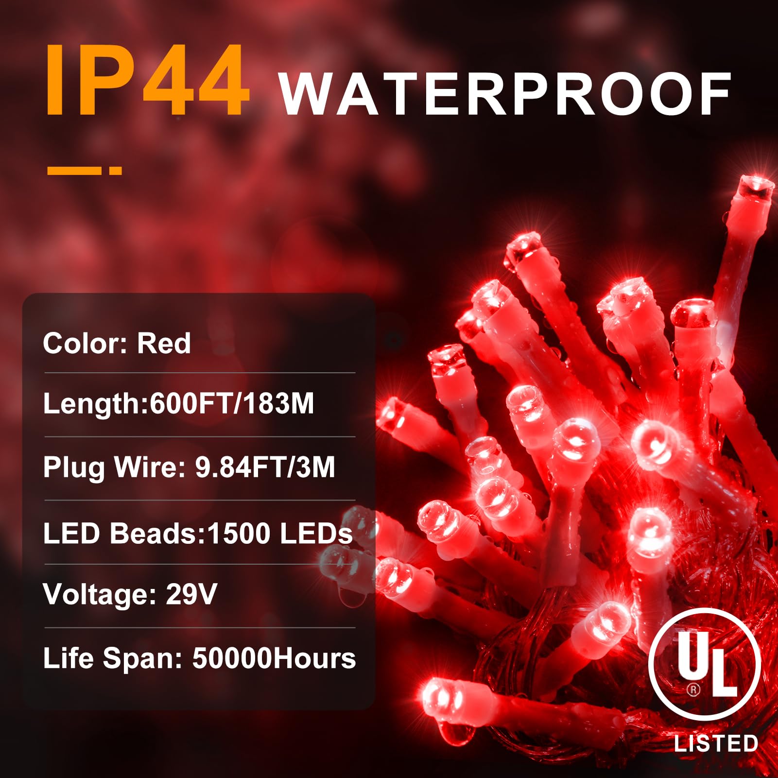 Knonew 600Ft 1500 Led String Lights Outdoor Christmas Lights 8 Modes & Timer Fairy Light Plug In Waterproof Led String Lights For Xmas Yard Tree Wedding Party Holiday Decorations (Red)