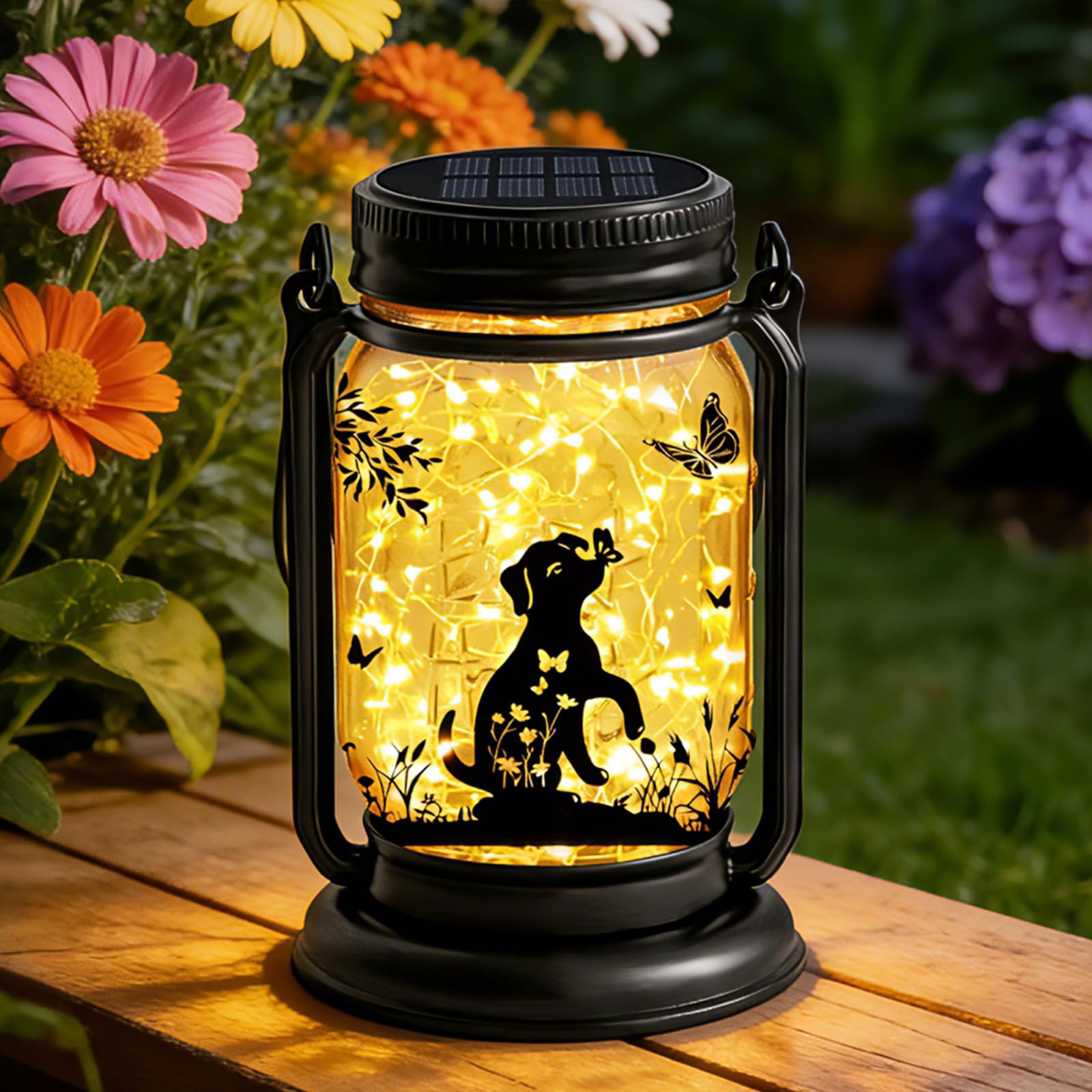 Dog Solar Lanterns Outdoor, Dog Lover Gifts Butterfly Vintage Glass Mason Jar, Gifts for Mom, Grandma, Women Chrisrmas Birthday 