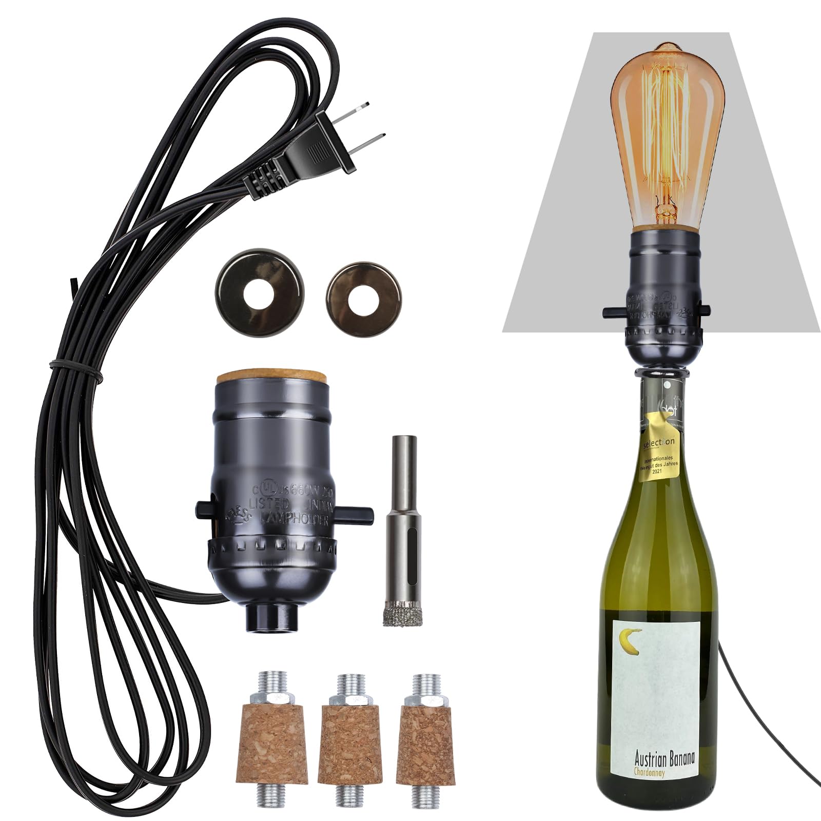Aokpsrt Bottle Lamp Kit with 9mm Glass Drill Bit, Slip-on Socket, 8 Feet Power Cord, Black, 1-Pack, Model W-DDT-RetroBlack1-1