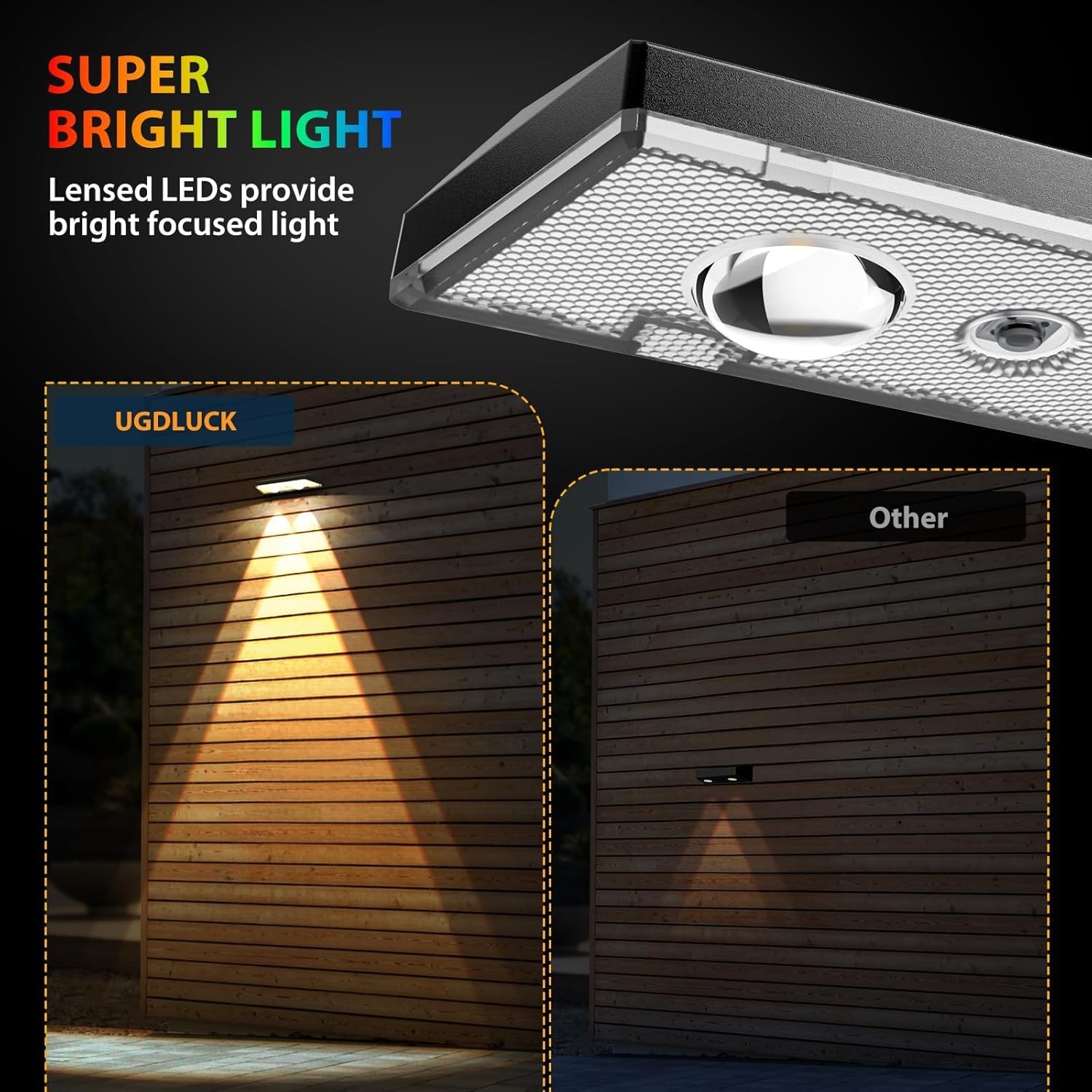 UGDLUCK Solar Fence Lights, 8Pack, RGB & Warm White, Waterproof LED Dusk to Dawn Deck Light for Outdoor Use, Model CD001