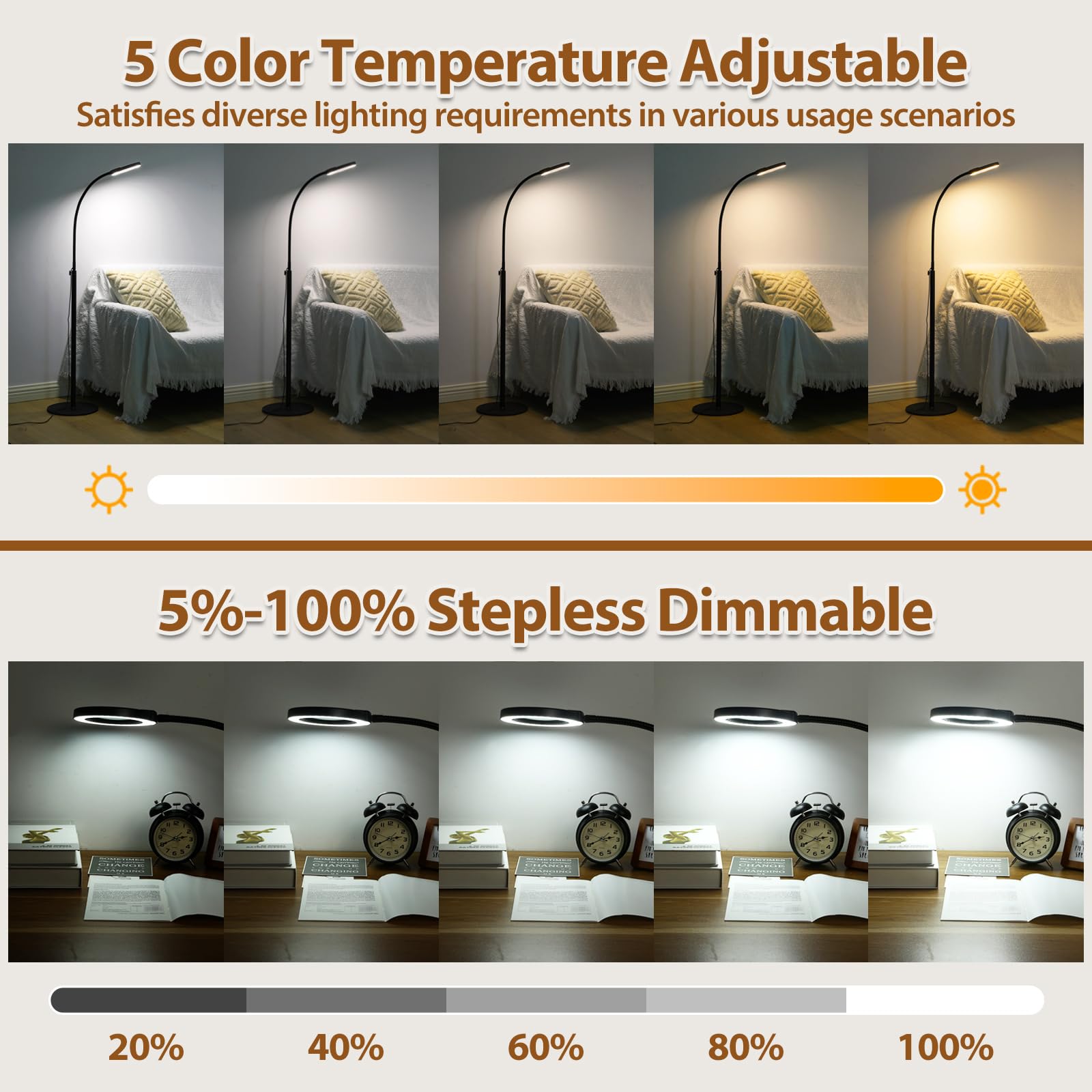 5X Magnifying Glass With Light And Stand, Krstlv 24'' Flexible Gooseneck Magnifying Floor Lamp, 3-In-1 Led 5 Color Modes Steples