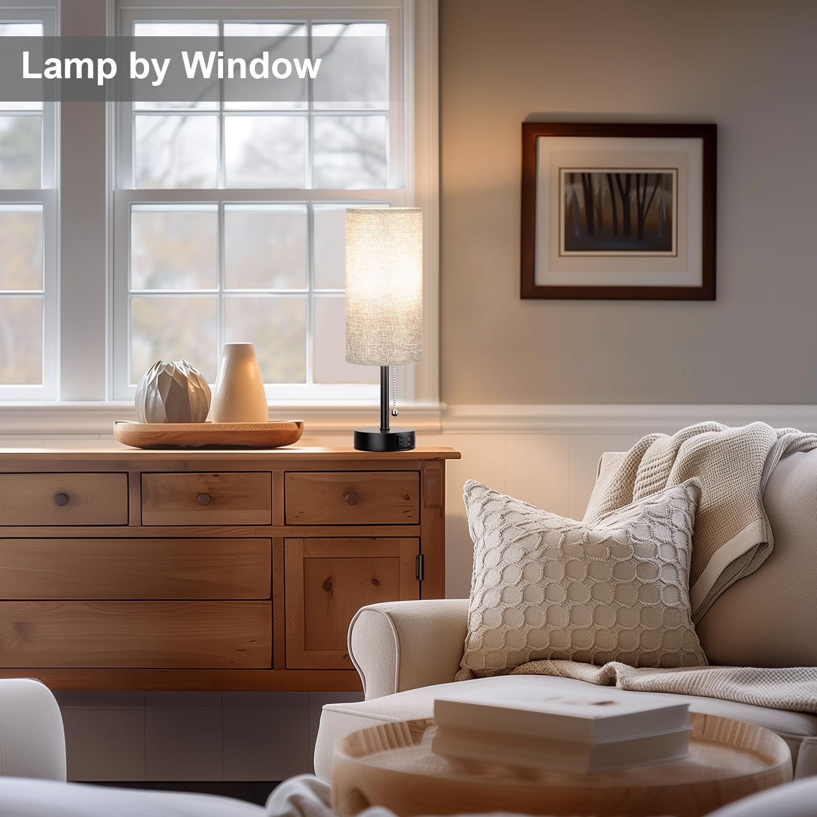 Grey Bedside Lamps For Bedroom Set Of 2 - Nightstand Table Lamp With Usb A + C Charging Port, 3 Color Temperatures Pull Chain Ni