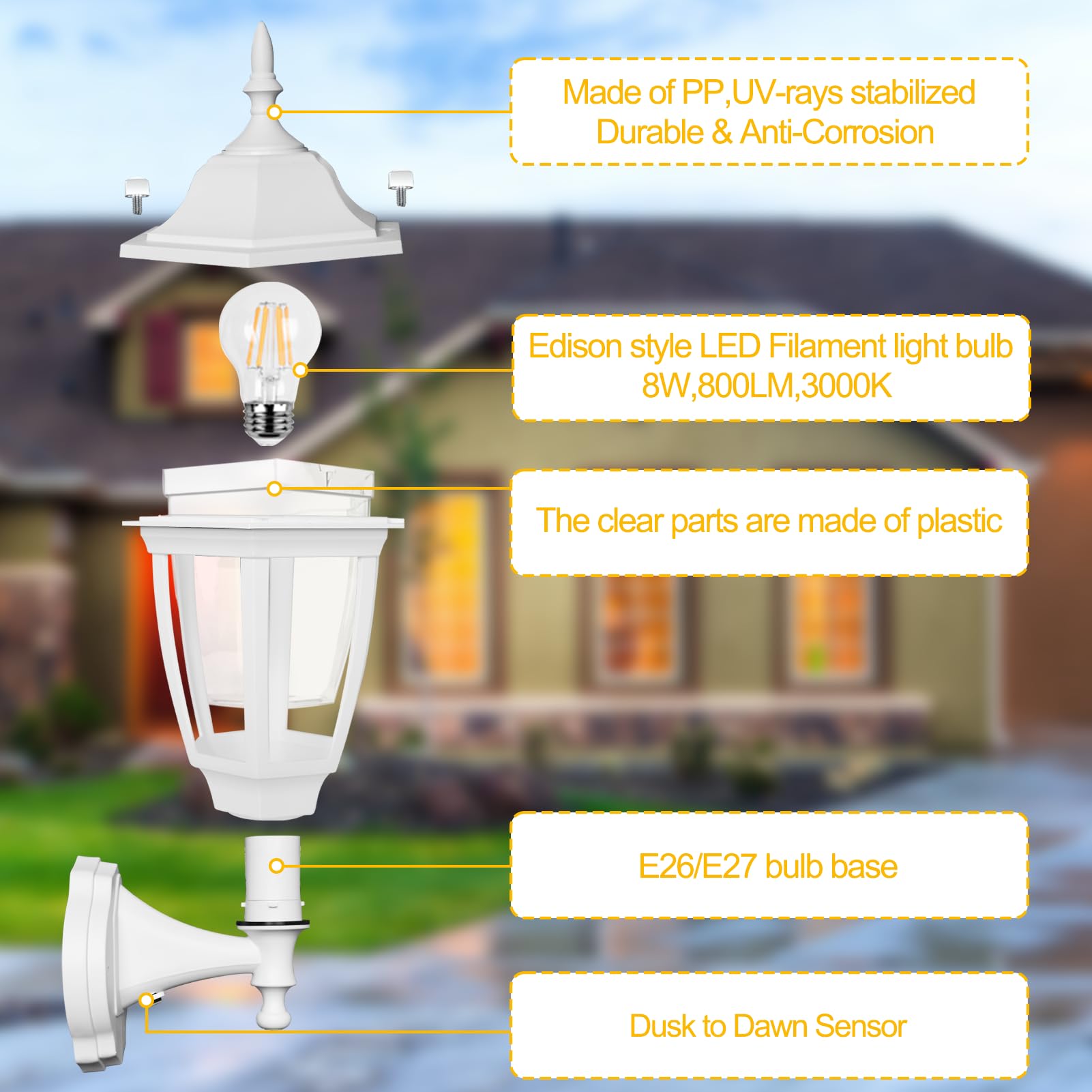 FUDESY Outdoor Wall Light, Dusk to Dawn Sensor, White Plastic, LED Edison Bulb, 2-Pack, Model FDS2542PS-W2