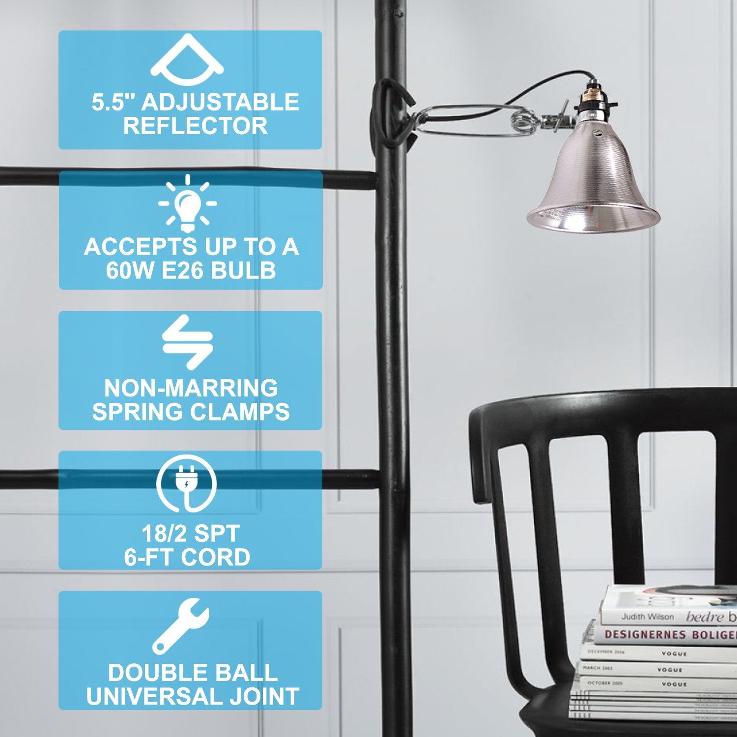 Simple Deluxe Clamp Lamp Light 2-Pack with 5.5in Reflector, 60W E26, 6ft Cord, Silver