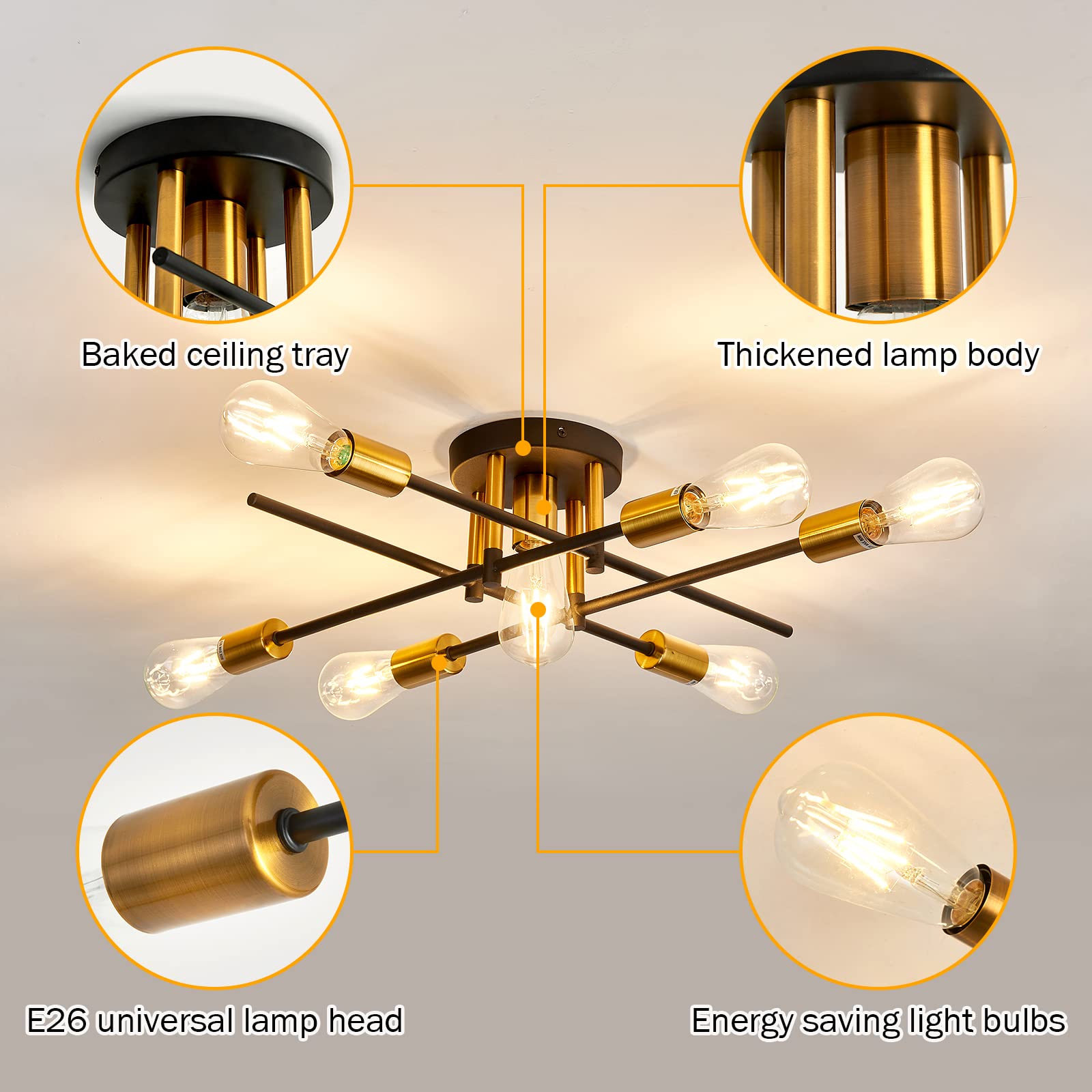 Uofus 7-Light Semi Flush Mount Ceiling Light Fixture, Modern Black & Gold Chandelier For Home