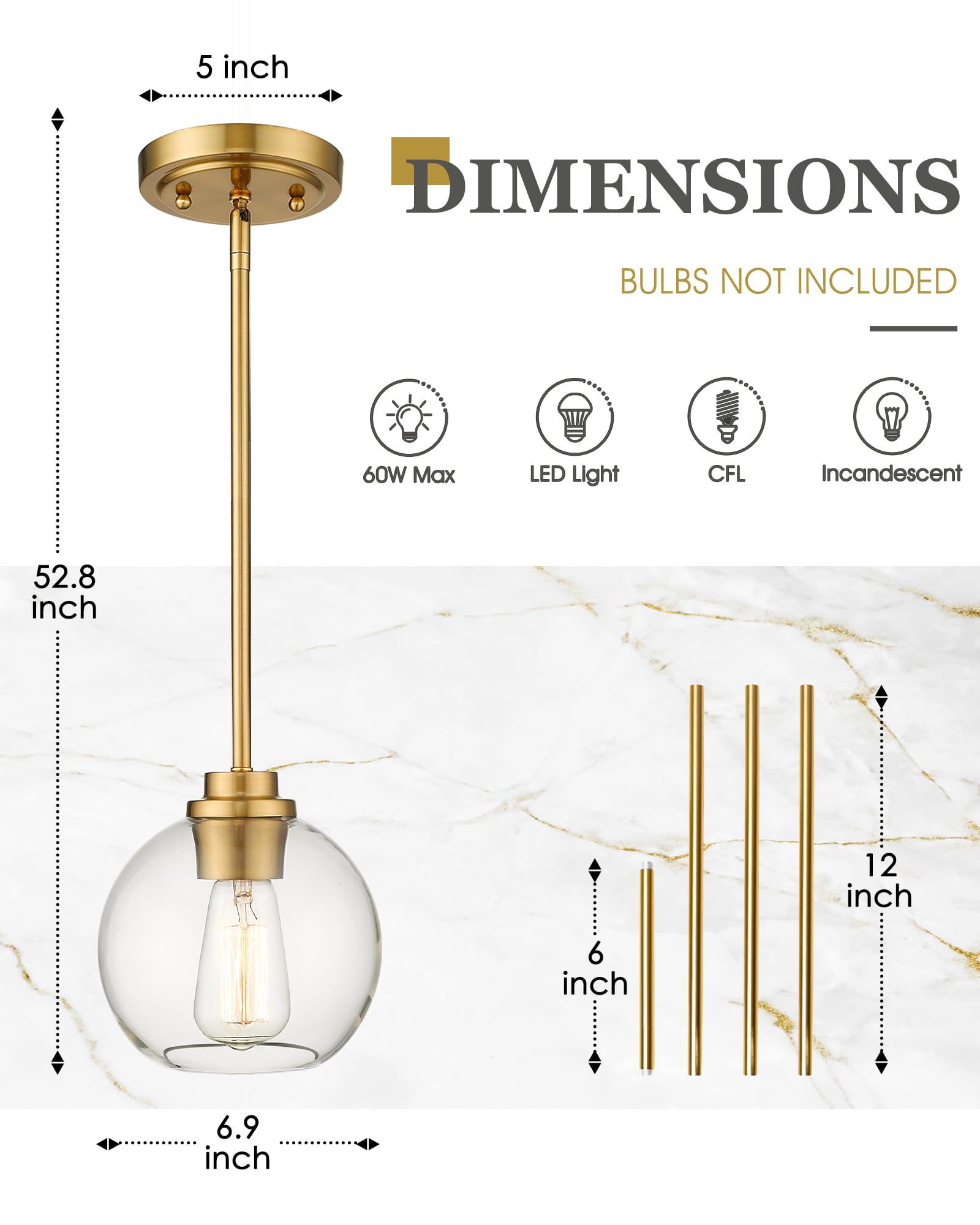 Audickic Modern Gold Pendant Light, Clear Glass Globe Shade, 1 Pack, Model AD-22280-1P-GD-C, Farmhouse Hanging Fixture for Dining Room Entryway