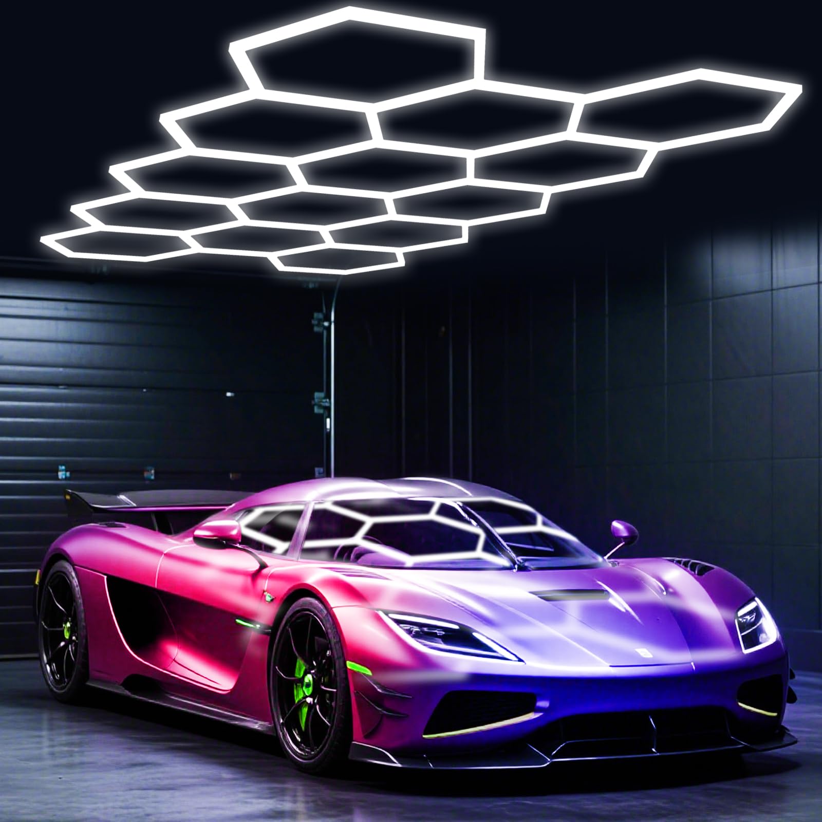 BESTECCT Hexagon Garage Lights 456W 50160LM 14 Grids LED Hexagon Light 7000K Honeycomb Lights for Garage Warehouse Car Detailing Shop malls Gym