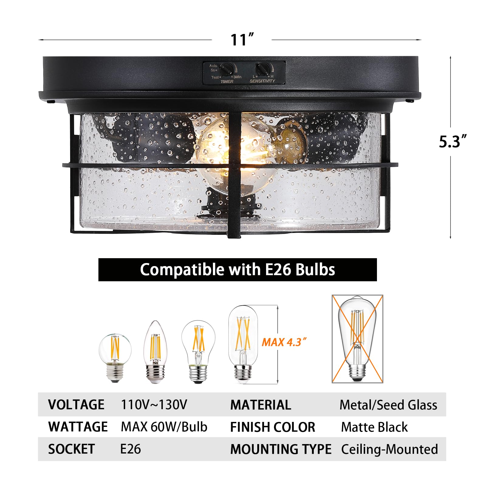 CALOKES Motion Sensor Outdoor Ceiling Light - Black Metal, Sleek Round Design, Seeded Clear Glass, Model CL-MS-0002