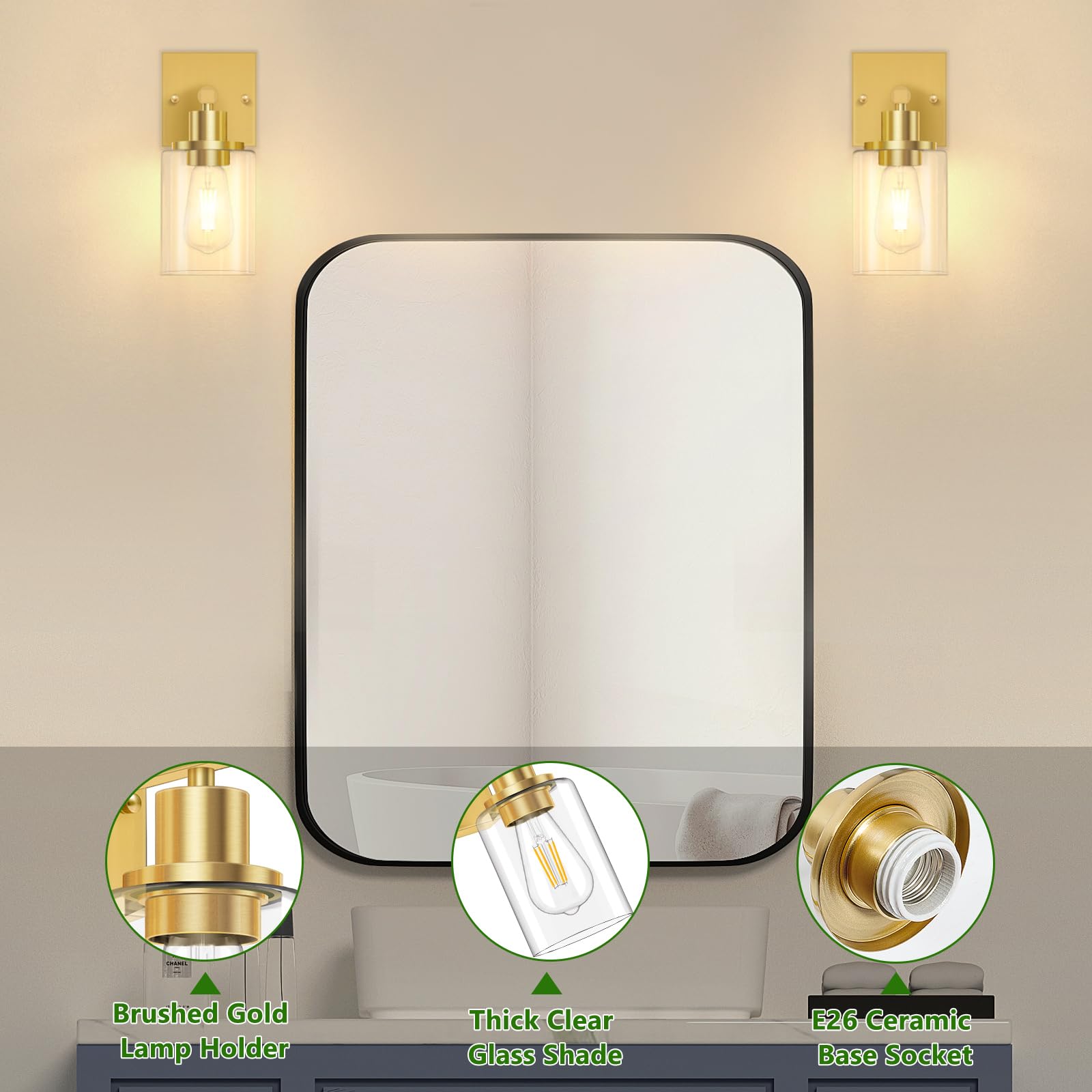 Licperron Gold Wall Sconces Set of 2, Modern Glass Shade Lighting Fixtures for Bathroom, Bedroom, Living Room, Hallway, E26 Base
