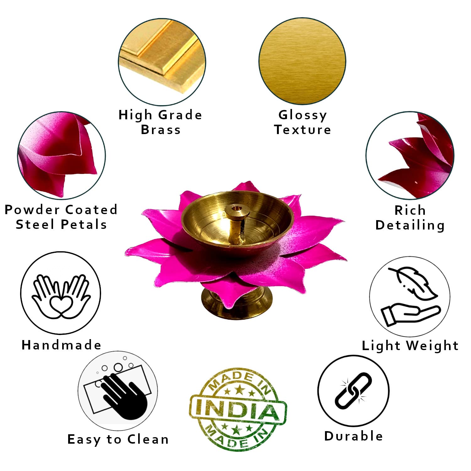 Lamina Set of 5BOX Lotus Shaped Small Brass Diya for Puja (6Diyas 3inch Multicolor Petals) Center Wick Holder Pital Akhand Deep