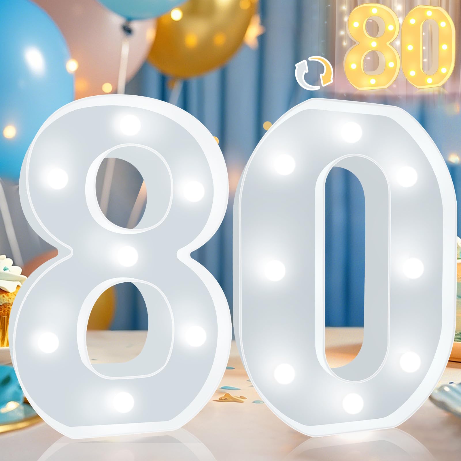 Pooqla LED Marquee Number 80 Sign for 80th Birthday Party Decor, Plastic, Cool White and Warm White, Model DENC-BP-01
