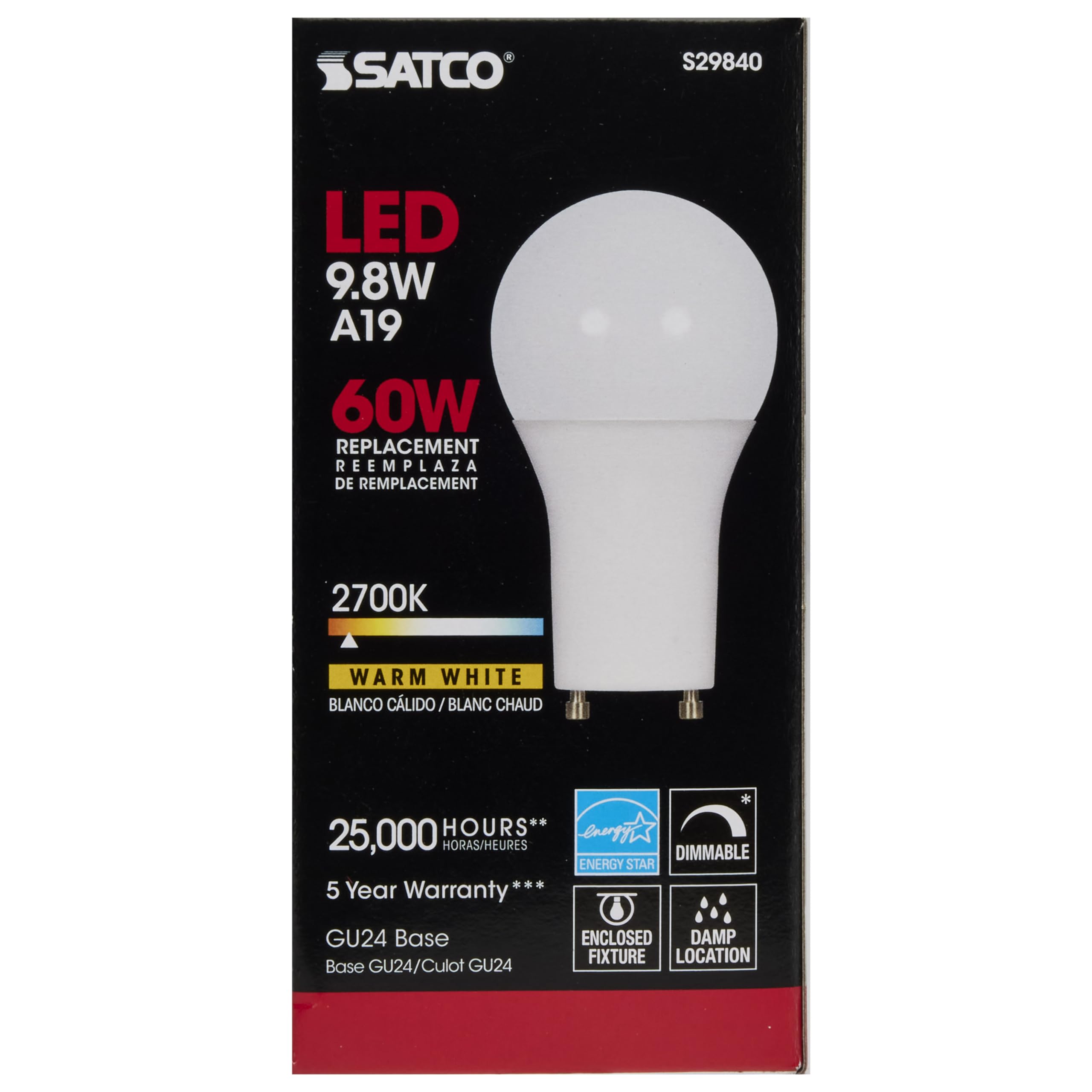 Satco Dimmable LED A19 Light Bulb, GU24 Base, 9.8W, 2700K, 800 Lumens, Frosted White, Model S29840,